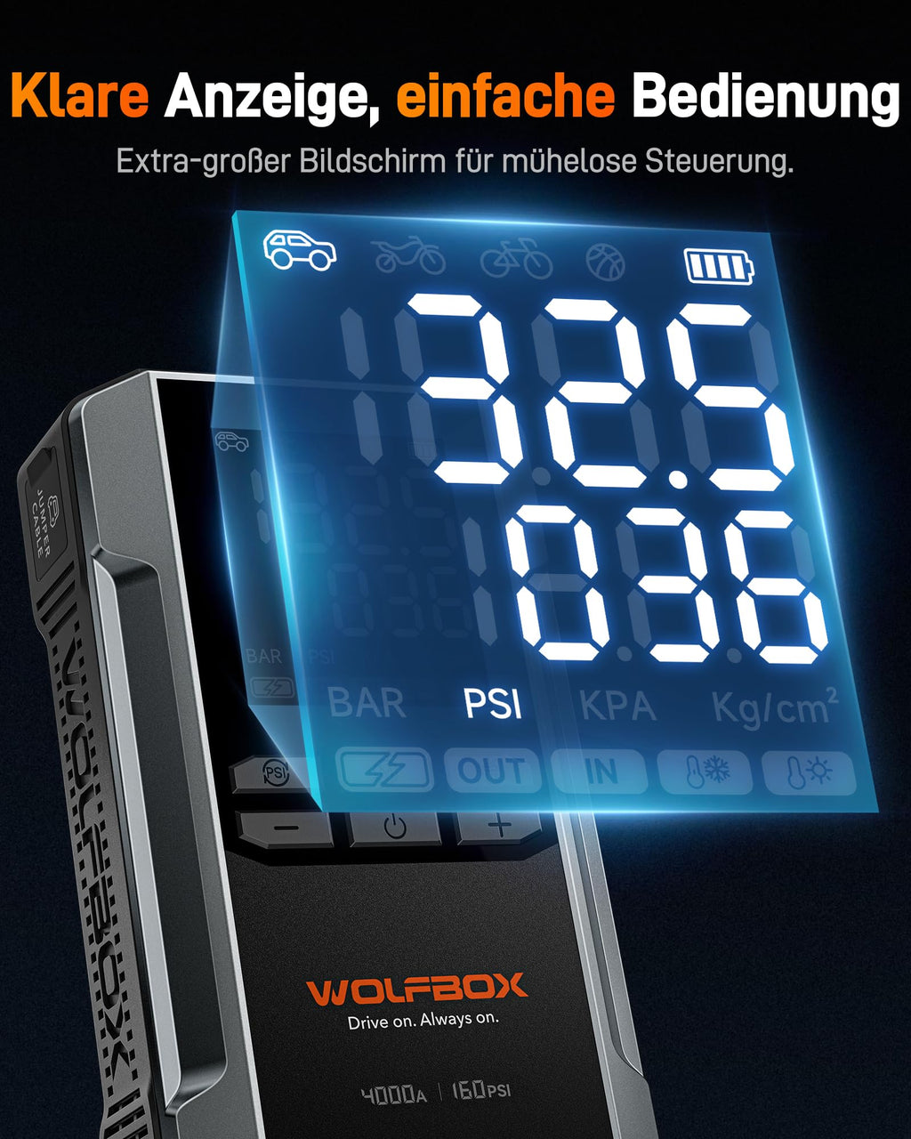 WOLFBOX 4000A Starthilfe mit 160PSI Kompressor, 12V Batterie-Booster, 65W Schnellladung, 88.8Wh Reifenfüller, LED-Anzeige für 10L Benzin-/Dieselmotoren, LED-Licht, Starthilfekabel