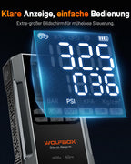 WOLFBOX 4000A Starthilfe mit 160PSI Kompressor, 12V Batterie-Booster, 65W Schnellladung, 88.8Wh Reifenfüller, LED-Anzeige für 10L Benzin-/Dieselmotoren, LED-Licht, Starthilfekabel