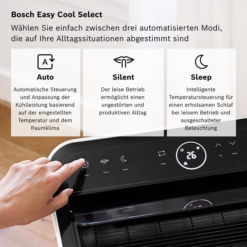 Bosch Cool 5000 Mobiles Klimagerät - 3-in-1 Klimaanlage, Luftentfeuchter, Ventilator - 3,4 kW für Räume bis zu 46 m² - Mit Auto-Modus, Silent-Modus Sleep-Modus
