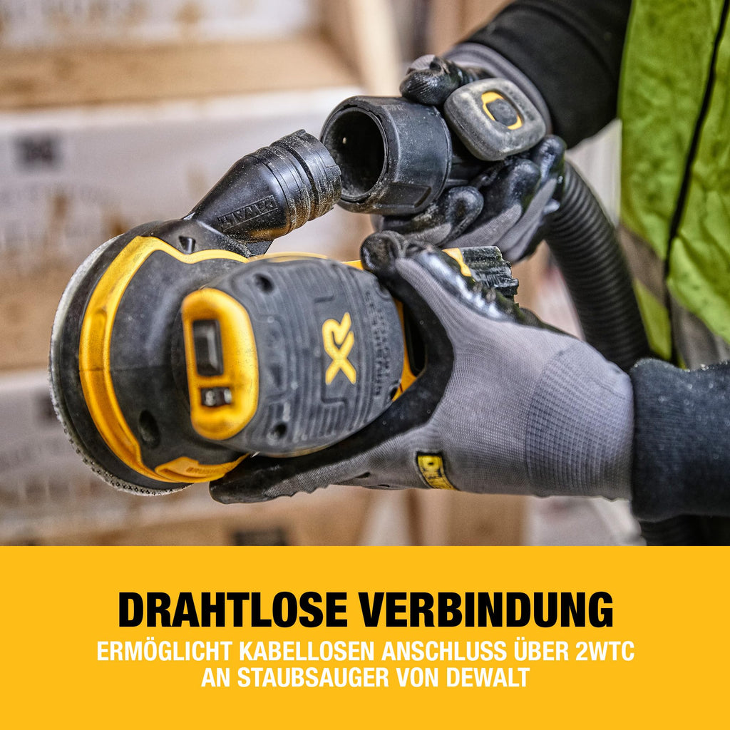 DEWALT 18 Volt Akku-Exzenterschleifer (Schleifpapier-ø: 125 mm, elektronische Drehzahlregulierung, Staubschutz für Getriebe und Schalter, mit Klettfix-System, ohne Akku und Ladegerät), DCW210N