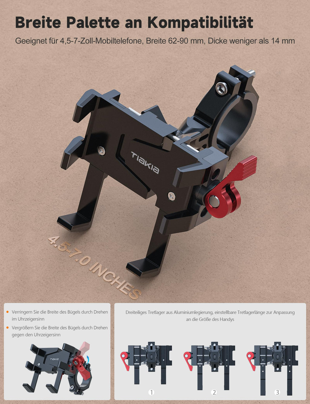 Tiakia Handyhalterung Fahrrad Aluminium Motorrad Handyhalter 6 Krallen mit 360° Drehung, Universal Handyhalter Werkzeugfreie Installation für 4,5-7 Zoll-Telefone (Aufgewertetes Schwarz Rot)