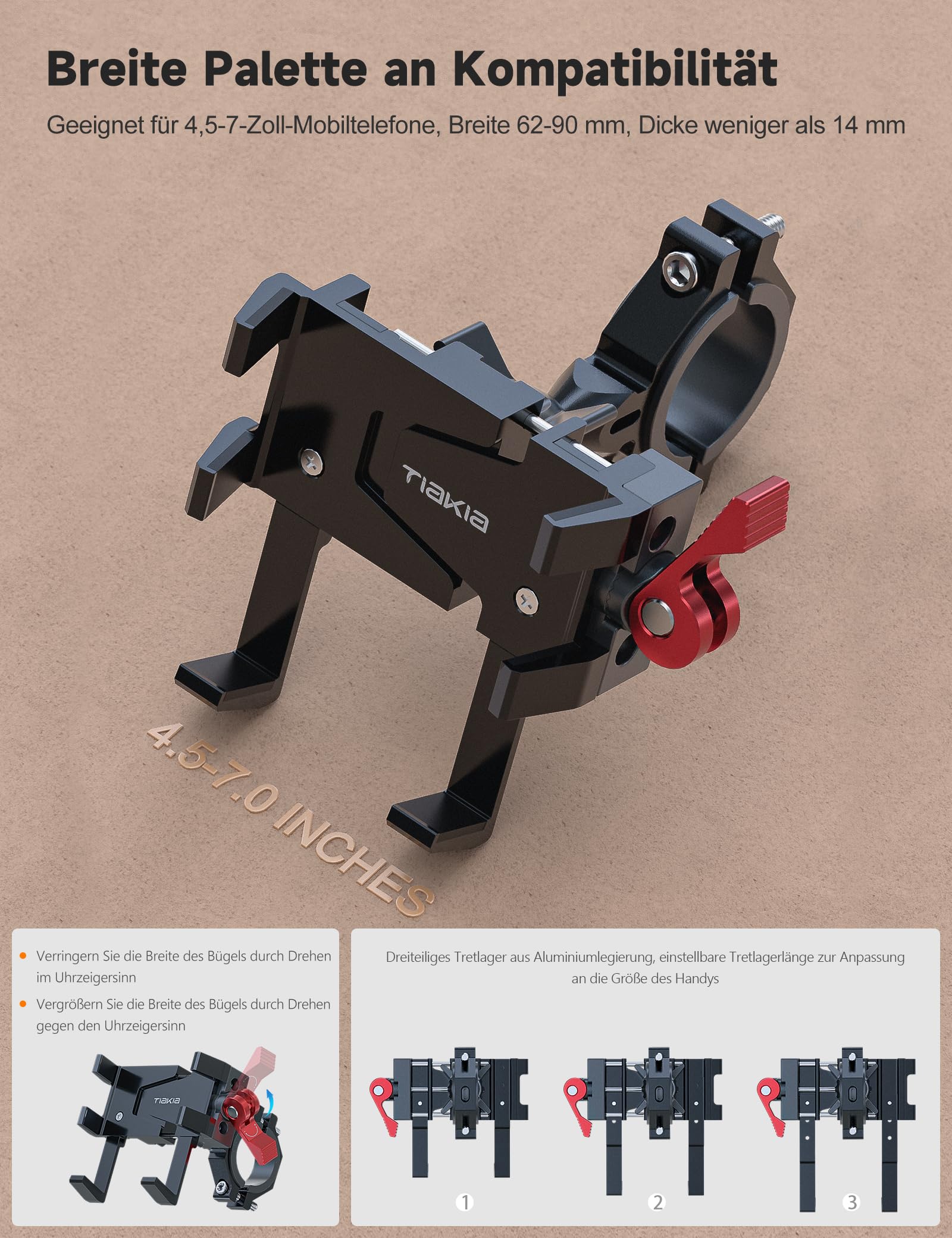 Tiakia Handyhalterung Fahrrad Aluminium Motorrad Handyhalter 6 Krallen mit 360° Drehung, Universal Handyhalter Werkzeugfreie Installation für 4,5-7 Zoll-Telefone (Aufgewertetes Schwarz Rot)