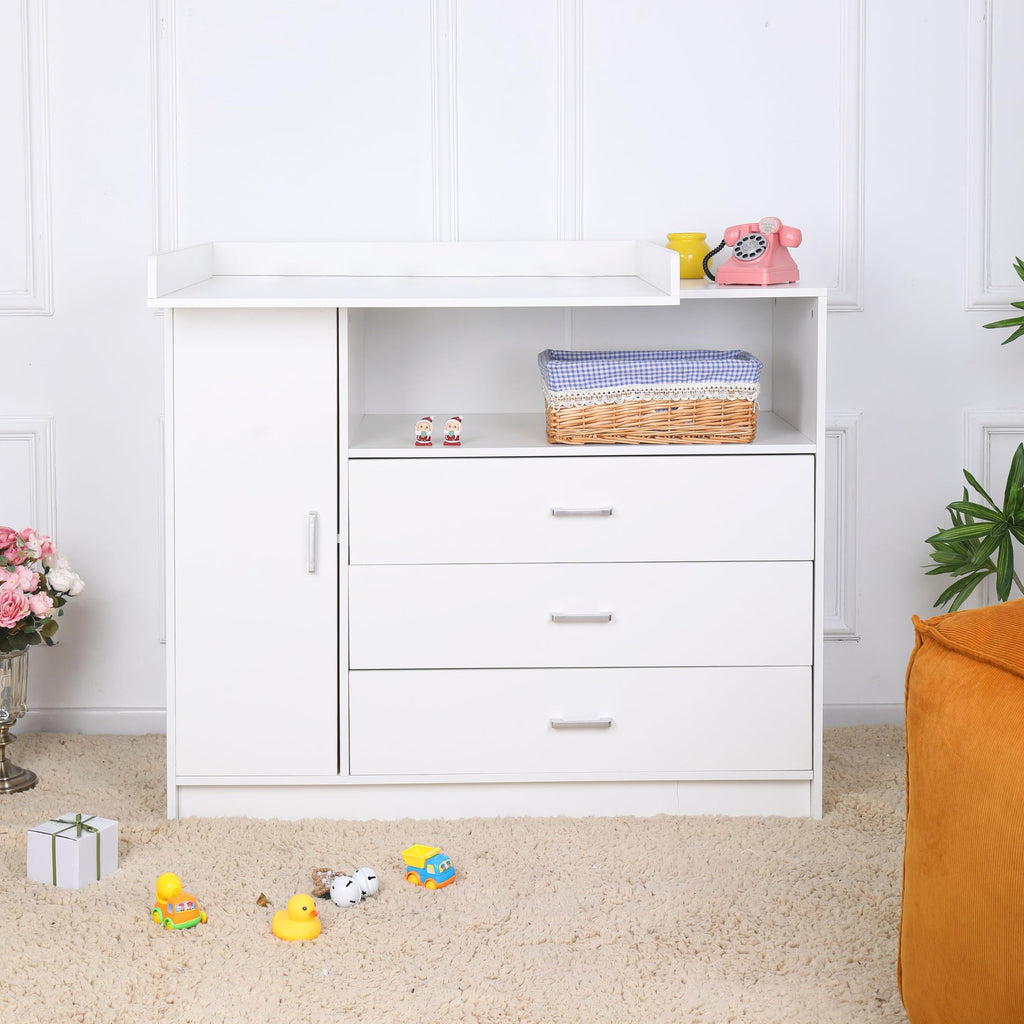 ecomi Wickelkommode Wickeltisch Baby Kommode aus Holz mit Wickelaufsatz, 3 Schubladen, 1 Tür, 100 cm Höhe in Weiß, Wickeltisch 113x100 cm Griffe verchromt