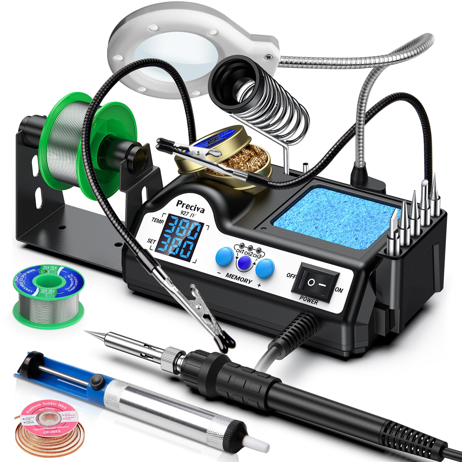 Lötstation, Preciva 927 IV 60W Lötkolben mit 2 helfenden Hände und Lupe Displayanzeige, Temperatur einstellbar 90~480°C, Standby-Modus Lötset für Hobbylöten