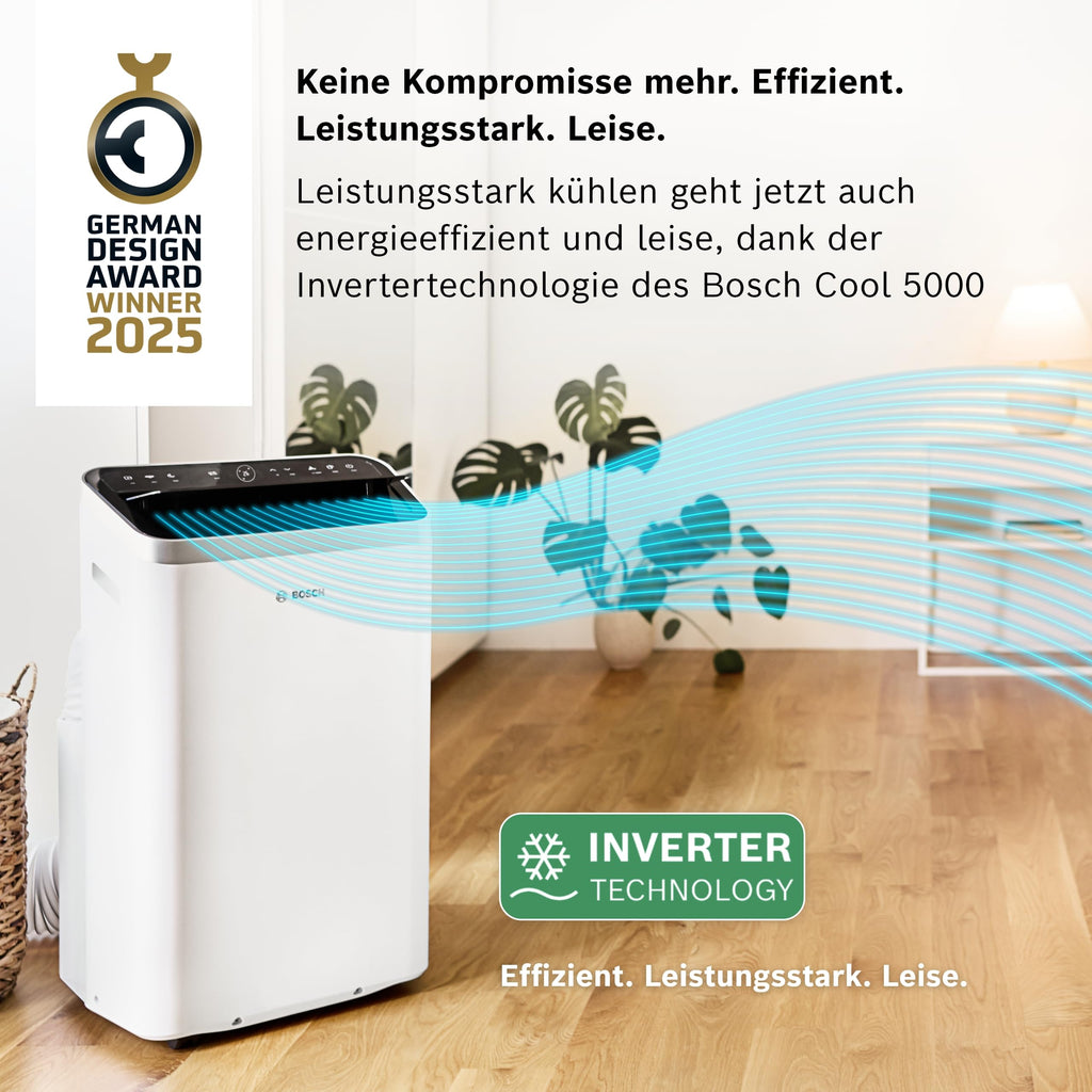 Bosch Cool 5000 Mobiles Klimagerät - 3-in-1 Klimaanlage, Luftentfeuchter, Ventilator - 3,4 kW für Räume bis zu 46 m² - Mit Auto-Modus, Silent-Modus Sleep-Modus