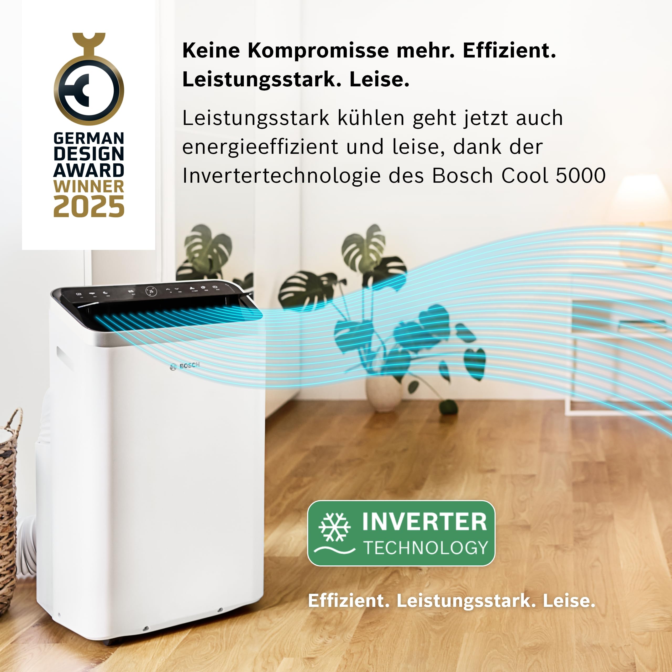 Bosch Cool 5000 Mobiles Klimagerät - 3-in-1 Klimaanlage, Luftentfeuchter, Ventilator - 3,4 kW für Räume bis zu 46 m² - Mit Auto-Modus, Silent-Modus Sleep-Modus