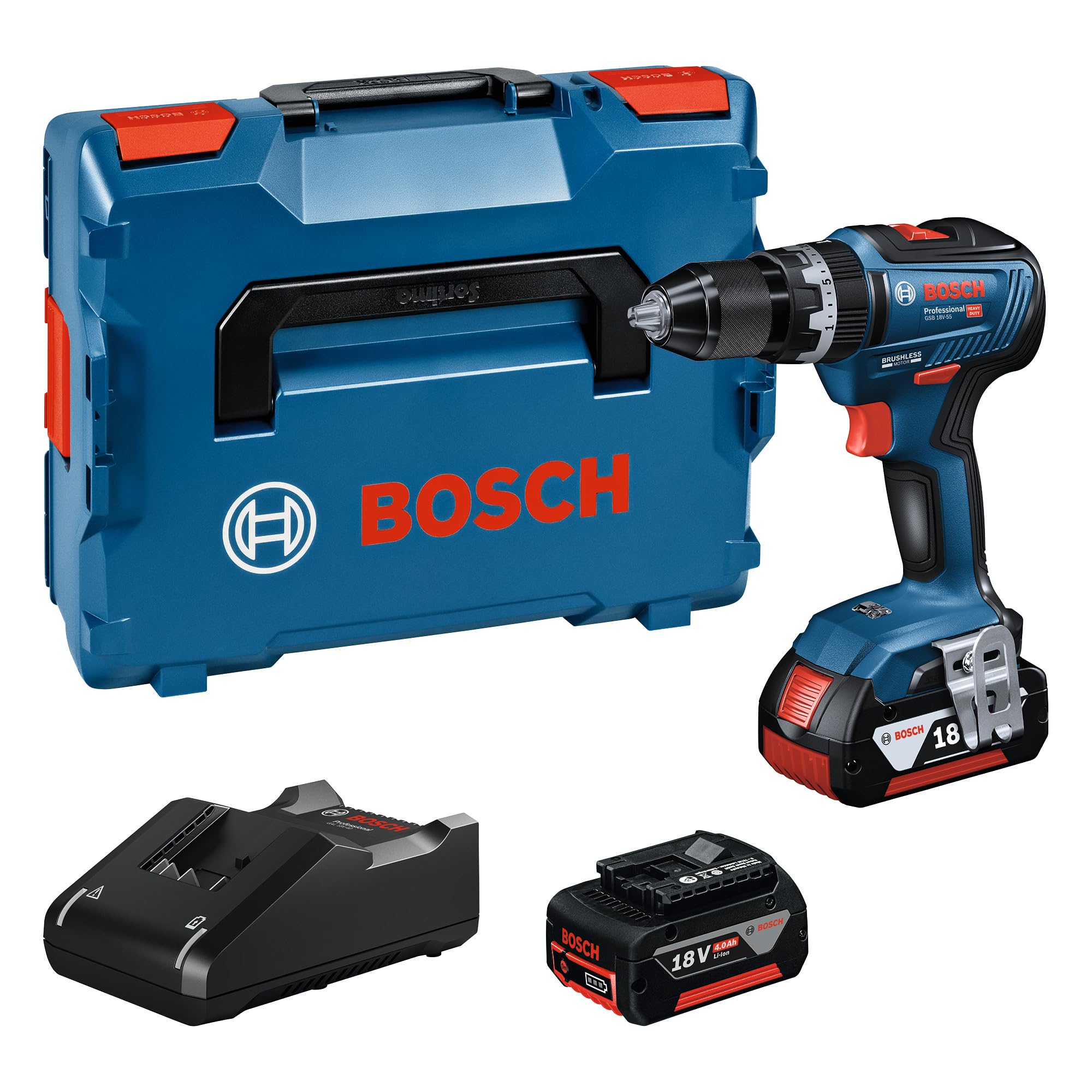 Bosch Professional 18V System Akku Schlagbohrschrauber GSB 18V-55 (max. Drehmoment 55 Nm, inkl. 2x 4.0Ah Akku, Schnellladegerät GAL 18V-40, L-BOXX)