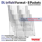 taymar 4C230 Tisch-Prospektständer, Prospektaufsteller im DIN A4 Format (4 Fächer) auf 4 Etagen inkl. Fach-Teilern für eine optionale Umrüstung auf DIN Lang (DL) - trifold mit 8 Fächern – Transparent