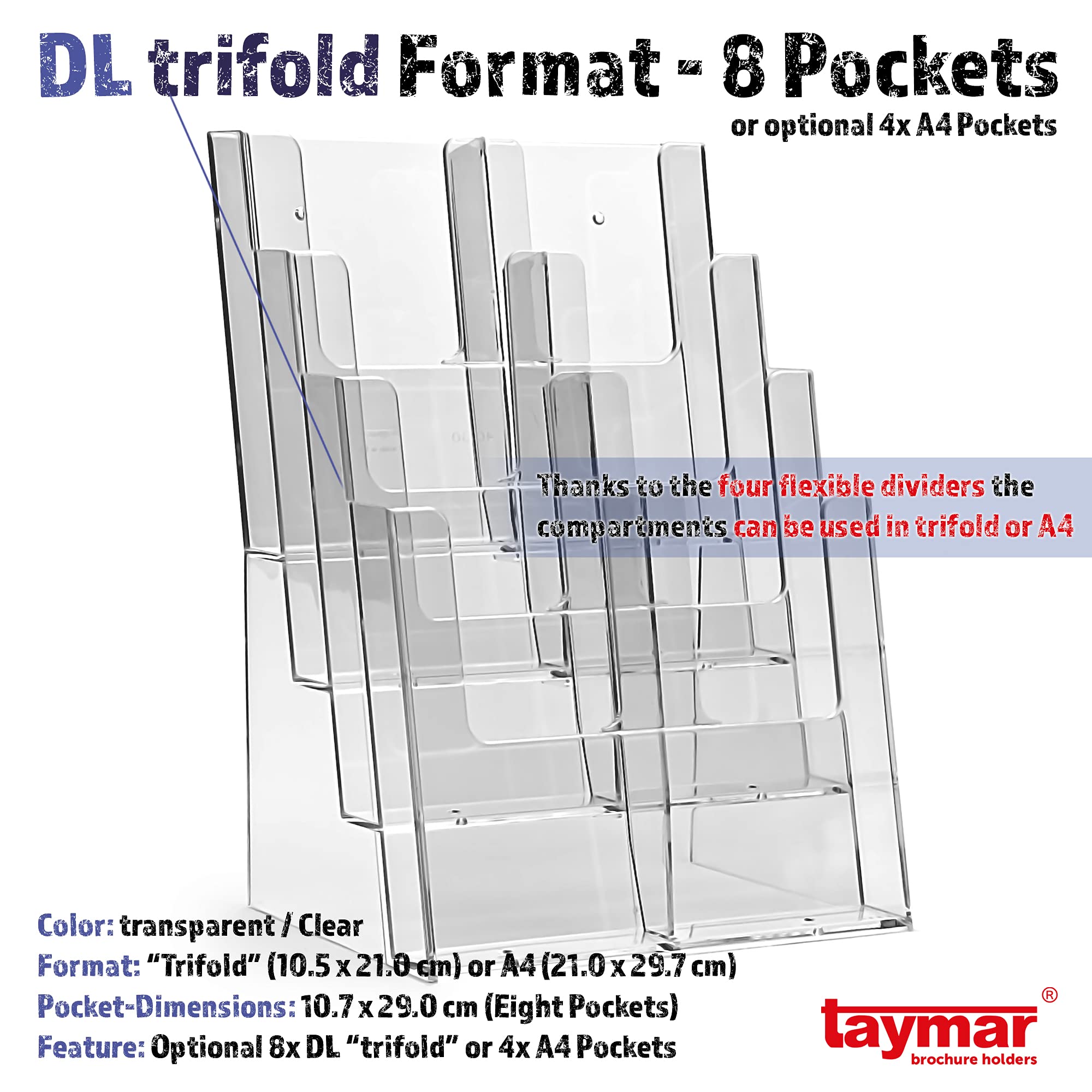 taymar 4C230 Tisch-Prospektständer, Prospektaufsteller im DIN A4 Format (4 Fächer) auf 4 Etagen inkl. Fach-Teilern für eine optionale Umrüstung auf DIN Lang (DL) - trifold mit 8 Fächern – Transparent