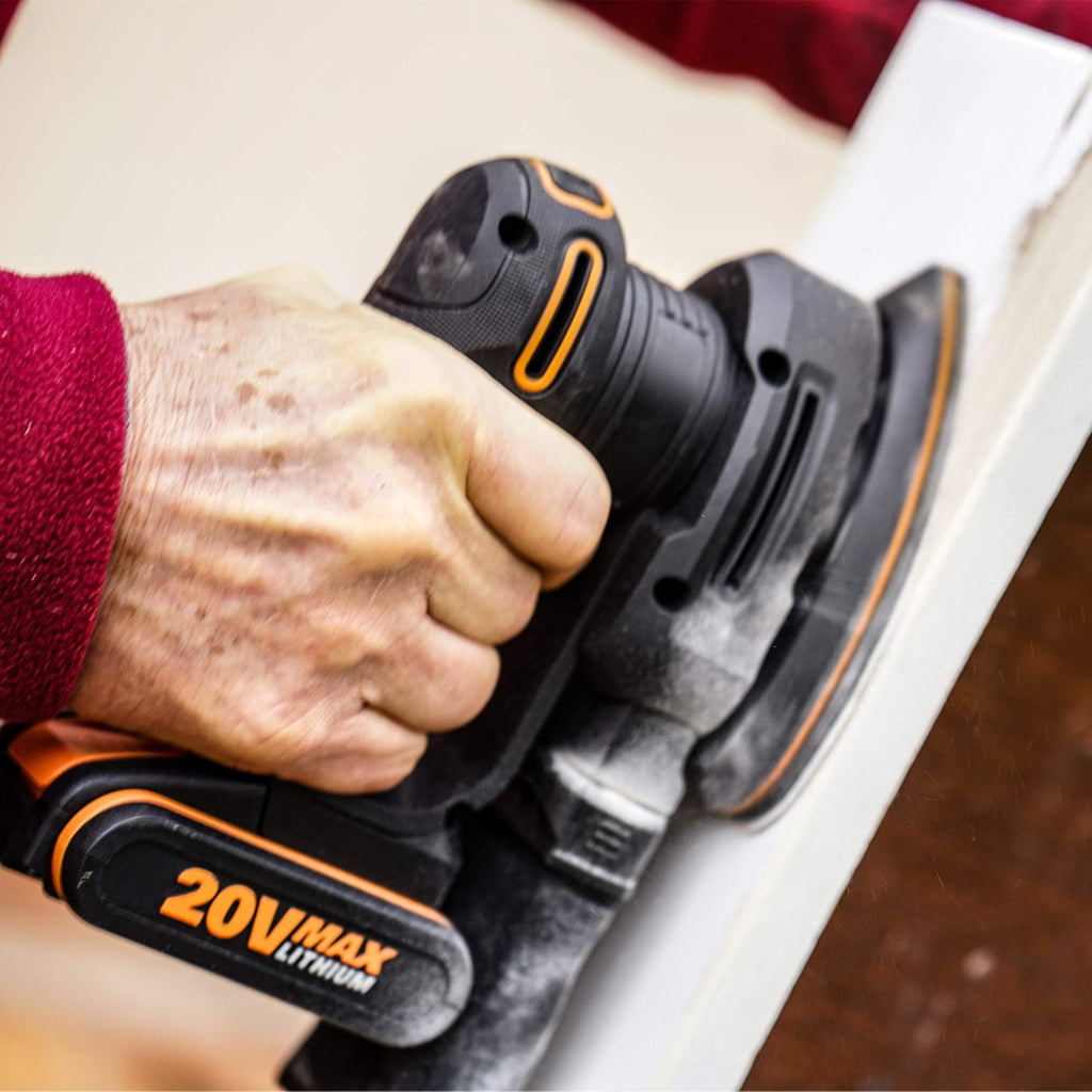 WORX WX822.9 Akku-Dreieckschleifer 20V – Elektrische 20V Schleifmaschine für Holzmöbel, Türen, Ecken und Kanten - Schleifen mit Staubfangsack - PowerShare kompatibel - ohne Akku & Ladegerät