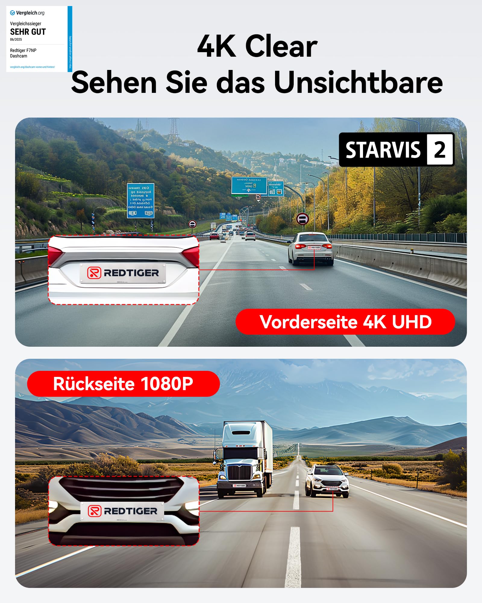 REDTIGER Dashcam 4K FrontUndHeck UltraWeitwinkel STARVIS2 GPSWiFi AutofahrerPremium