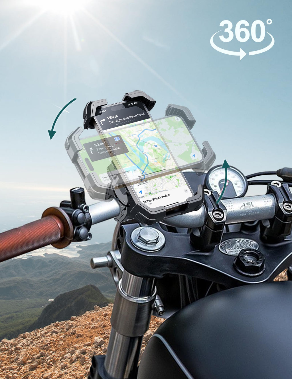 Grefay Motorrad Handyhalterung Handyhalterung Fahrrad [2025 Doppelt Vibrationsgedämpft] Handy Motorradhalterung 360° Drehbar Lenker Halter für iPhone16 15 14 13 12 Pro Max, Smartphone (Schwarz)