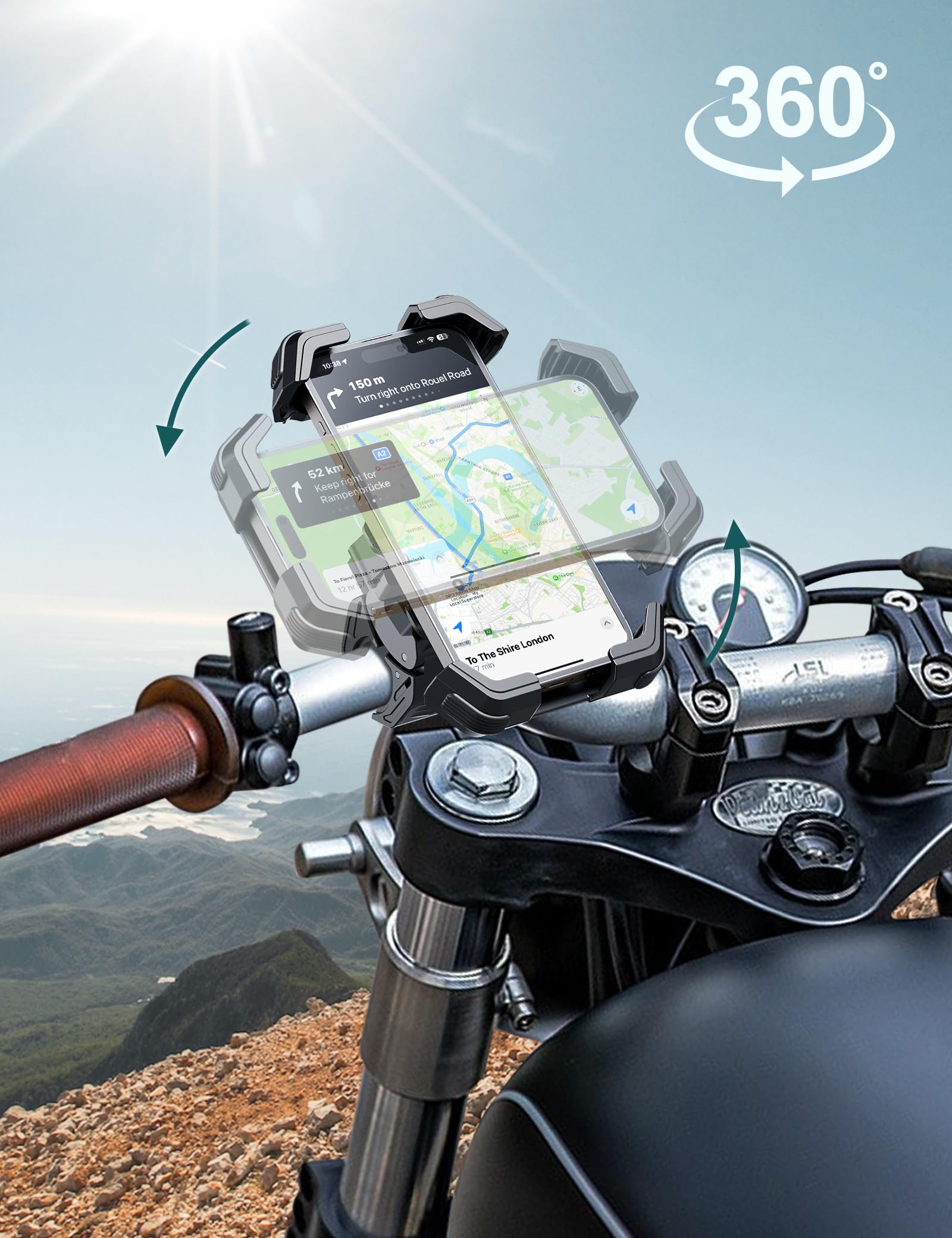 Grefay Motorrad Handyhalterung Handyhalterung Fahrrad [2025 Doppelt Vibrationsgedämpft] Handy Motorradhalterung 360° Drehbar Lenker Halter für iPhone16 15 14 13 12 Pro Max, Smartphone (Schwarz)