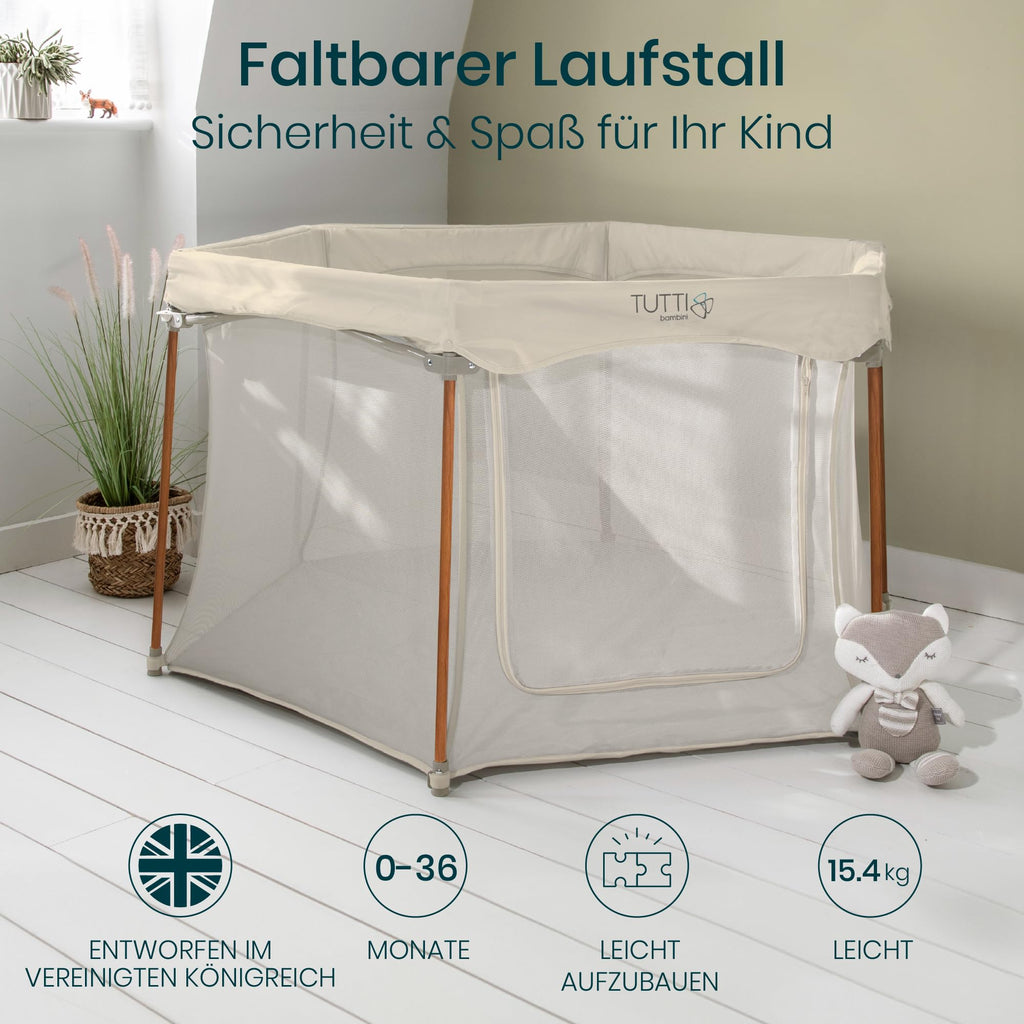 Tutti Bambini Laufstall Baby Faltbar - Baby Playpen mit 360°-Netzwänden, Schnellklappmechanismus, Reißverschlusstür, Bodenmatte & Tragetasche, 135 x 135 x 75 cm (Ecru)