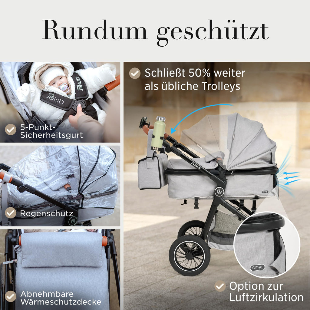 Kinderwagen 3 in 1 [Babywagen & Autositz] mit Babyschale Fahrgestell Kombi als Set | Stroller Baby | Isofix Station & 5-Punkt Sicherheitsgurt Kinderwagen Buggy Reisebuggy Buggys | Babywagen