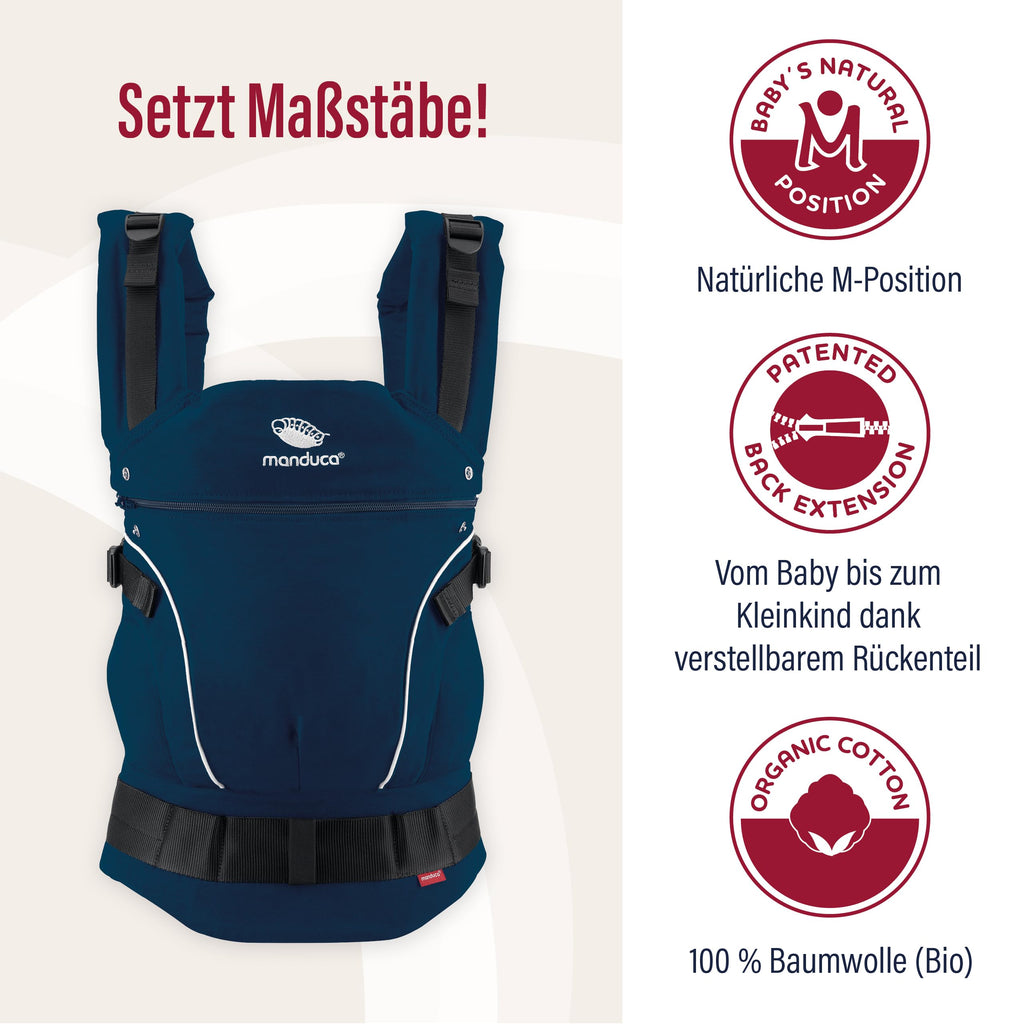 manduca First Babytrage - Verstellbarer und vielseitiger Tragesitz für Babys und Kleinkinder (3,5-20 kg) - Babytrage mit Front-, Hüft- und Rückentragefunktion ,Navy
