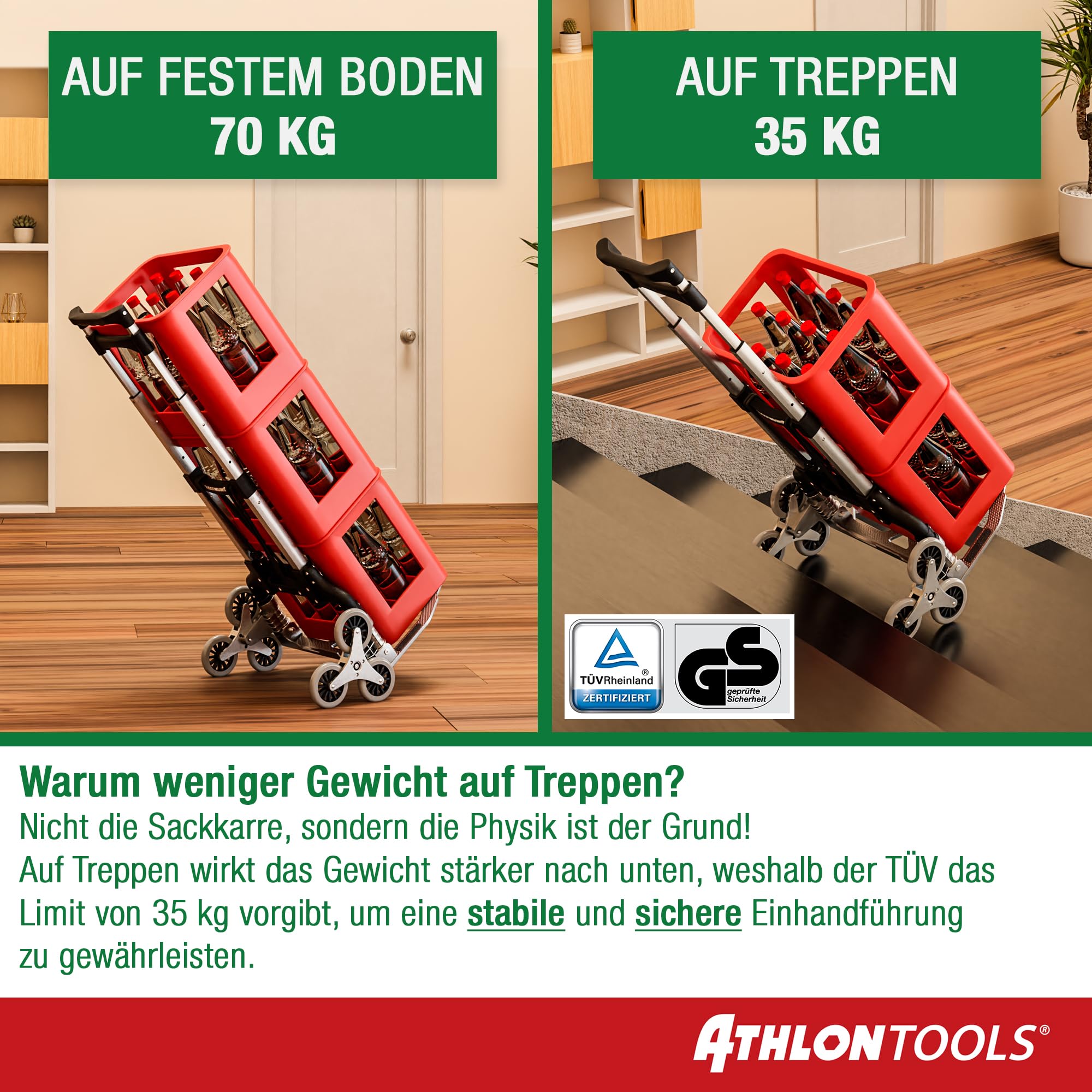 ATHLON TOOLS Aluminium Treppensteiger-Sackkarre klappbar TÜV geprüft – extra Langer Griff 110 cm, Ladefläche mit Anti-Rutsch-Pads