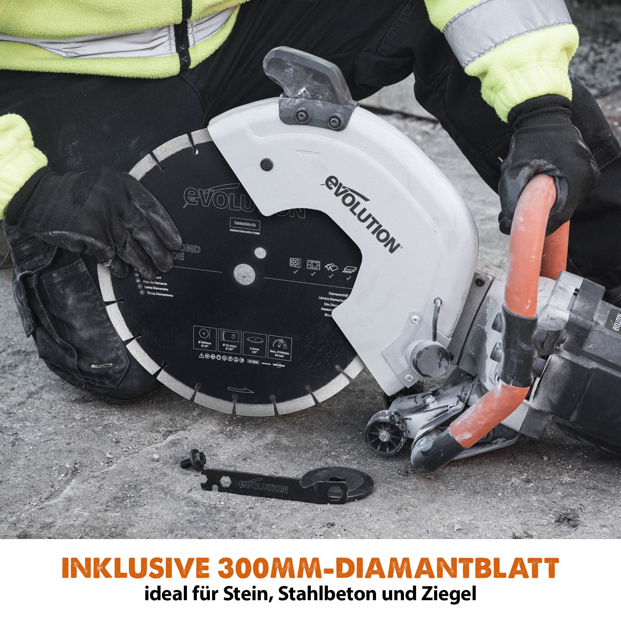 Evolution R300DCT Betonsäge Elektrische Steinsäge 2400W Steinschneidemaschine Trennjäger 300 mm Sägeblatt Diamantblatt Trennscheibe, 115 mm Schnitttiefe, schneidet Mauerwerk Gehwegplatten Beton
