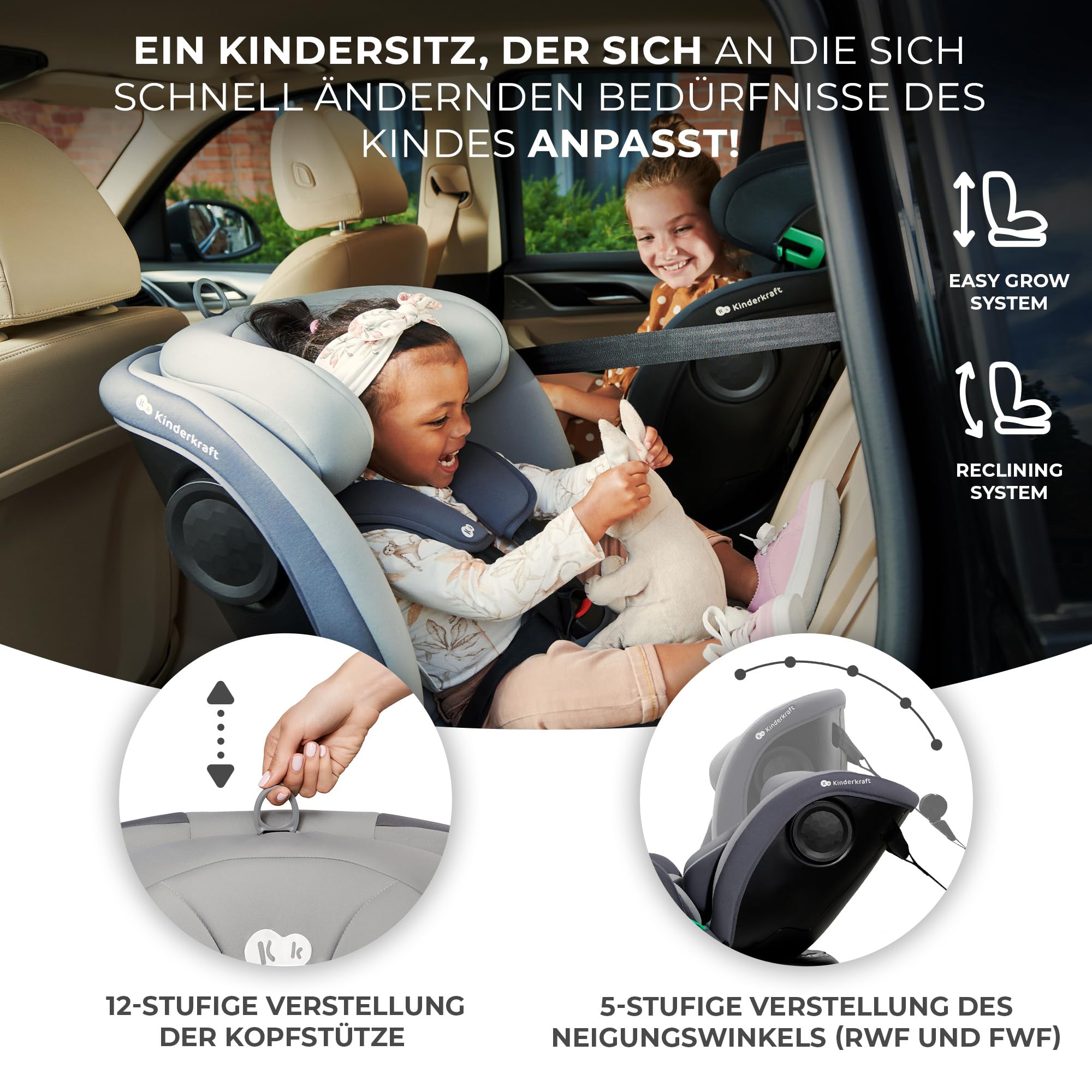 Kinderkraft I-GROW Kindersitz 0-36 kg, I-SIZE 40-150 cm, 360 grad drehbar, Kinderautositz mit Isofix station, FWF und RWF, Verstellbare Kopfstütze/Rückenlehne mit Liegeposition, Grau