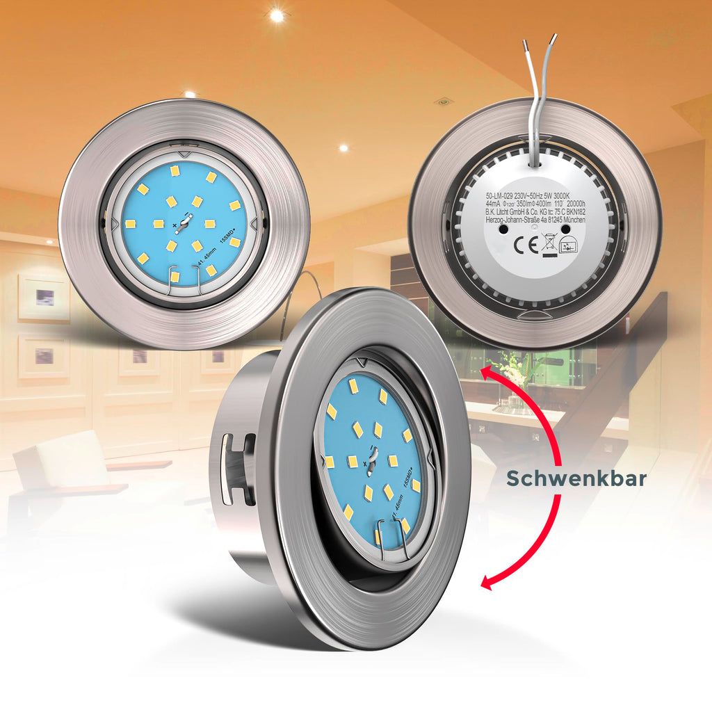 B.K.Licht - 5er Set LED Einbaustrahler 230V schwenkbar, warmweiße Lichtfarbe, Lochmass 68mm, LED Spot, flach, Deckenspots, Spots, Einbauleuchten, Einbauspots, 86x26 mm, Matt-Nickel