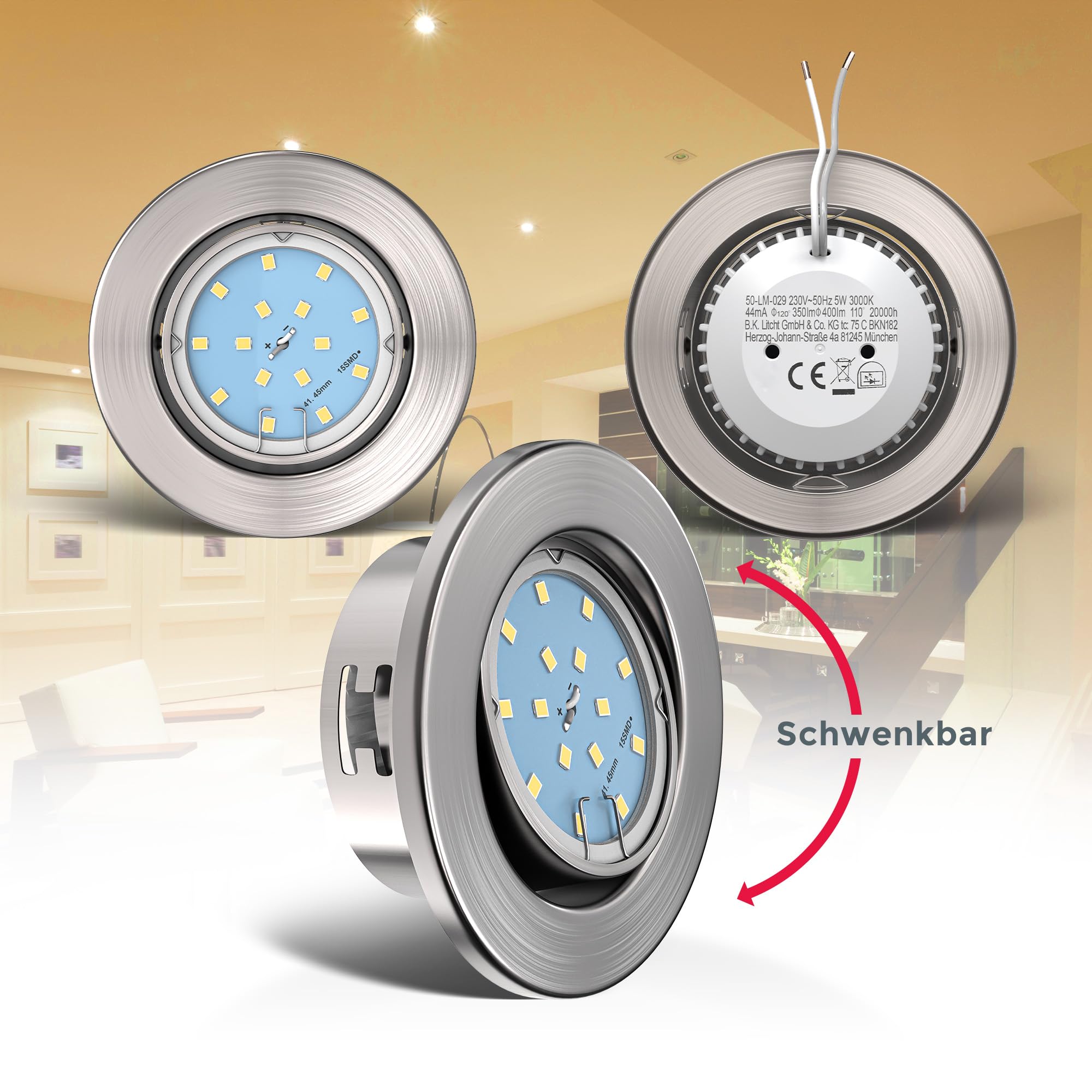 B.K.Licht - 5er Set LED Einbaustrahler 230V schwenkbar, warmweiße Lichtfarbe, Lochmass 68mm, LED Spot, flach, Deckenspots, Spots, Einbauleuchten, Einbauspots, 86x26 mm, Matt-Nickel