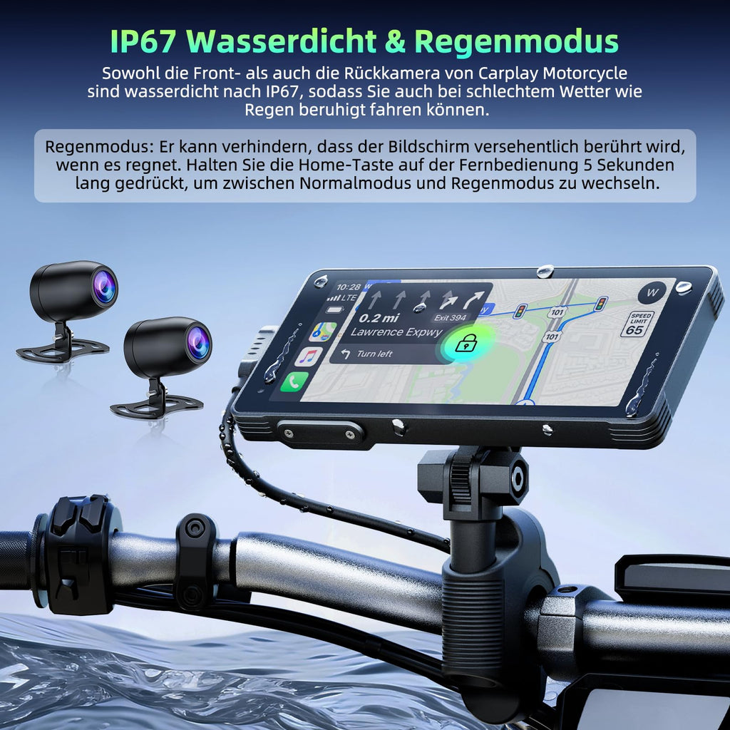 Lamto Motorrad Carplay & Android Auto für Motorcycle,Tragbares Carplay Bildschirm mit Dashcam Vorne Hinten 2K+1080P,5,5 Zoll IP67 Wasserdichter Touchscreen für Motorräder,Daueraufnahme/Siri/64G TF