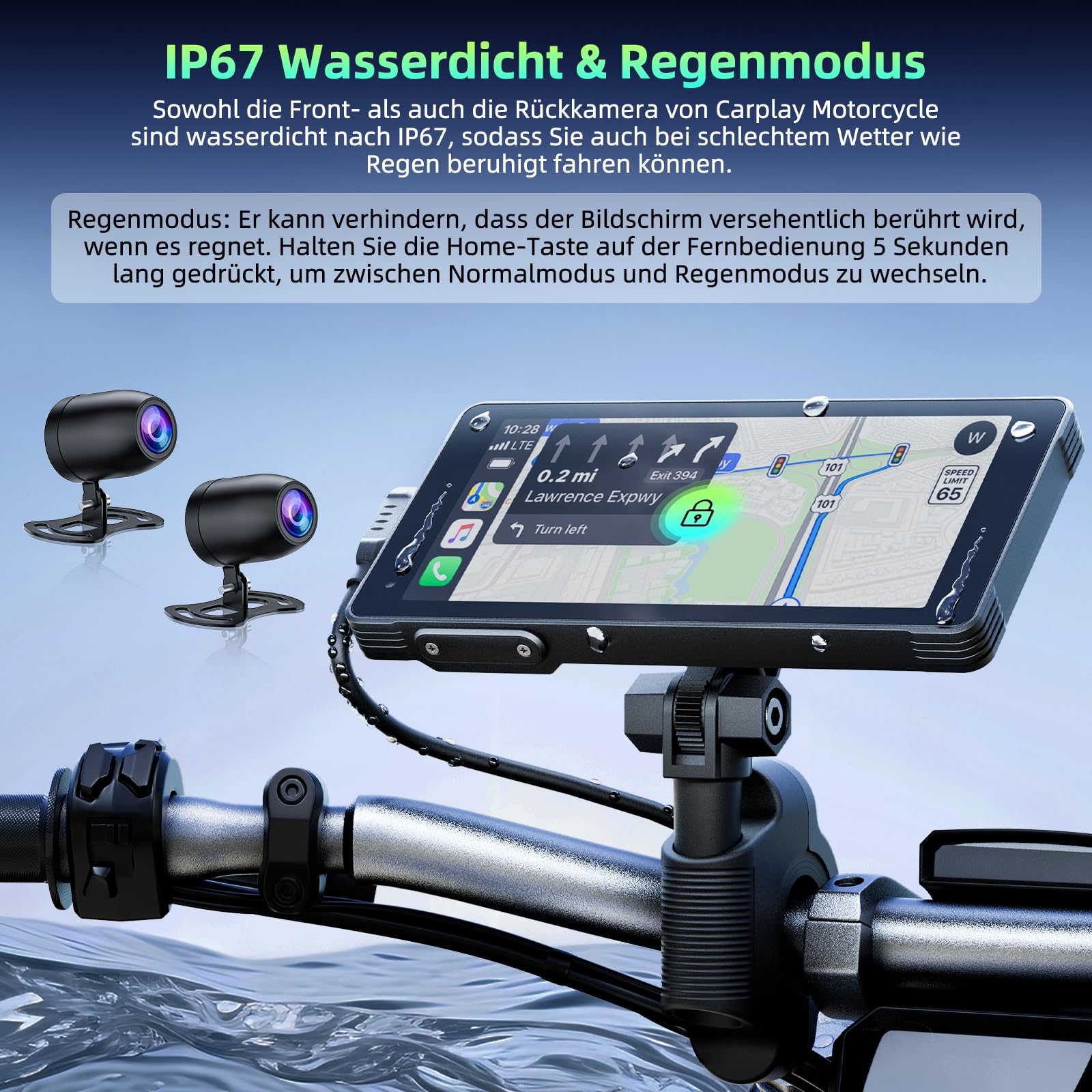 Lamto Motorrad Carplay & Android Auto für Motorcycle,Tragbares Carplay Bildschirm mit Dashcam Vorne Hinten 2K+1080P,5,5 Zoll IP67 Wasserdichter Touchscreen für Motorräder,Daueraufnahme/Siri/64G TF