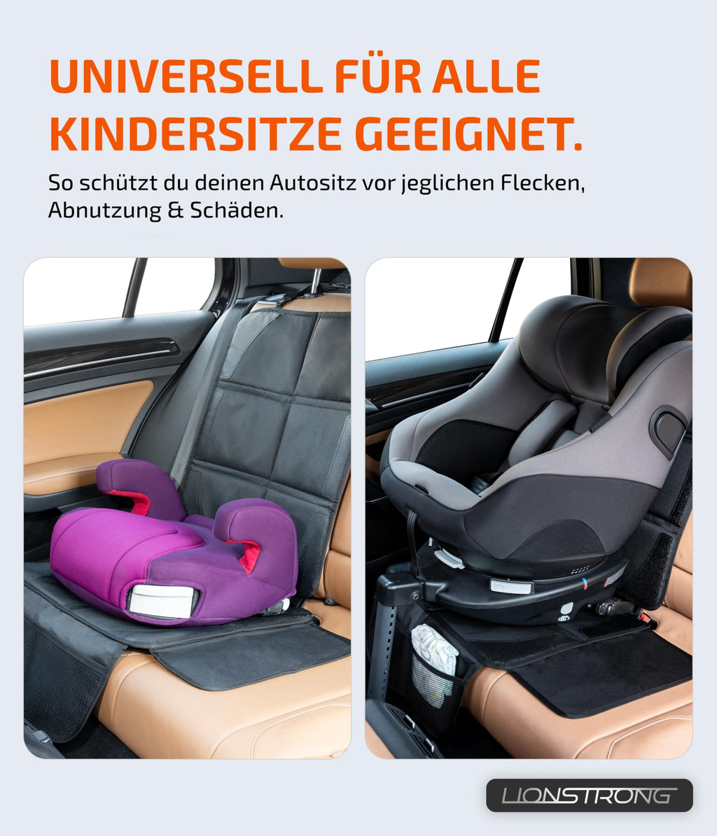 LIONSTRONG® Kindersitzunterlage Autositzschoner [ISOFIX GEEIGNET] - wasserabweisender Polyester Stoff schwarz - Sitzschutz Sitzschoner Auto Kindersitz - universell kompatibel (Schwarz)