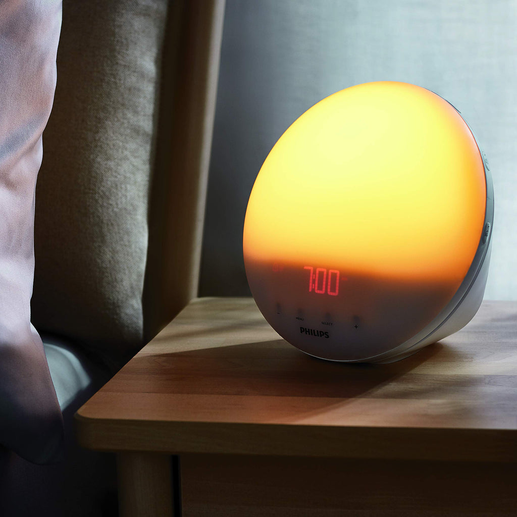 Philips SmartSleep Wake-Up Lichtwecker, Farbige Sonnenaufgang- und Sonnenuntergangssimulation, 5 Naturgeräusche, FM Radio & Leselampe, Tap Snooze - HF3519/20