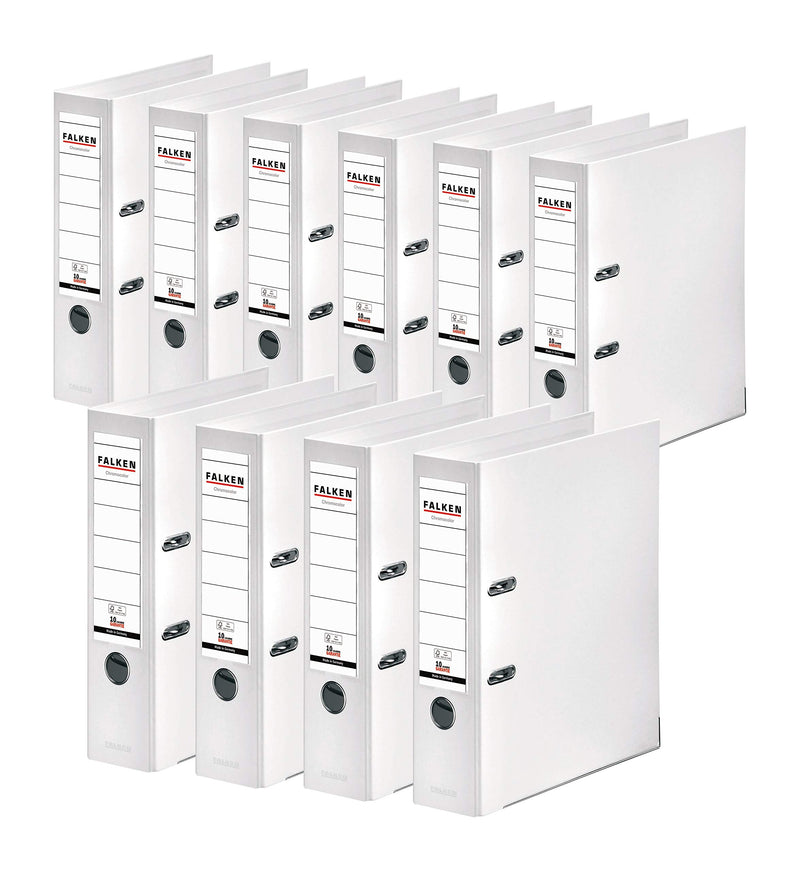 Original Falken 10er Pack Chromocolor Premium-Ordner. Made in Germany. Kunststoffbezug außen und innen 8 cm breit DIN A4 weiß Ringordner Aktenordner Briefordner Büroordner Plastikordner