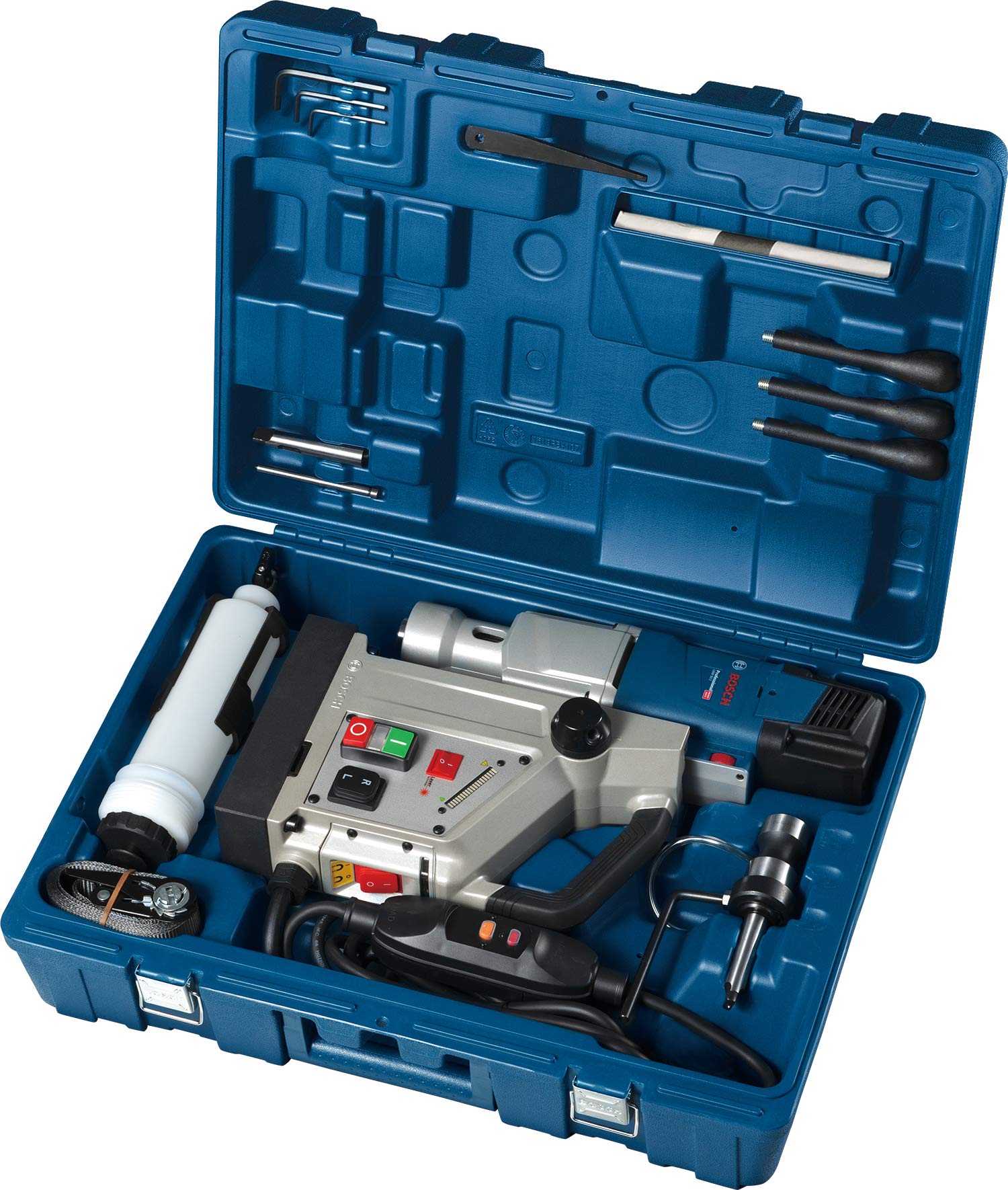 Bosch Professional Bohrmaschine GBM 50-2 (inkl. Aufsteckfräsendorn, Innensechskanntschlüssel, Reduzierhülse, Fixierstift, Sicherungsseil, Kühlmittelbehälter, Befestigungswinkel, Handwerkoffer)