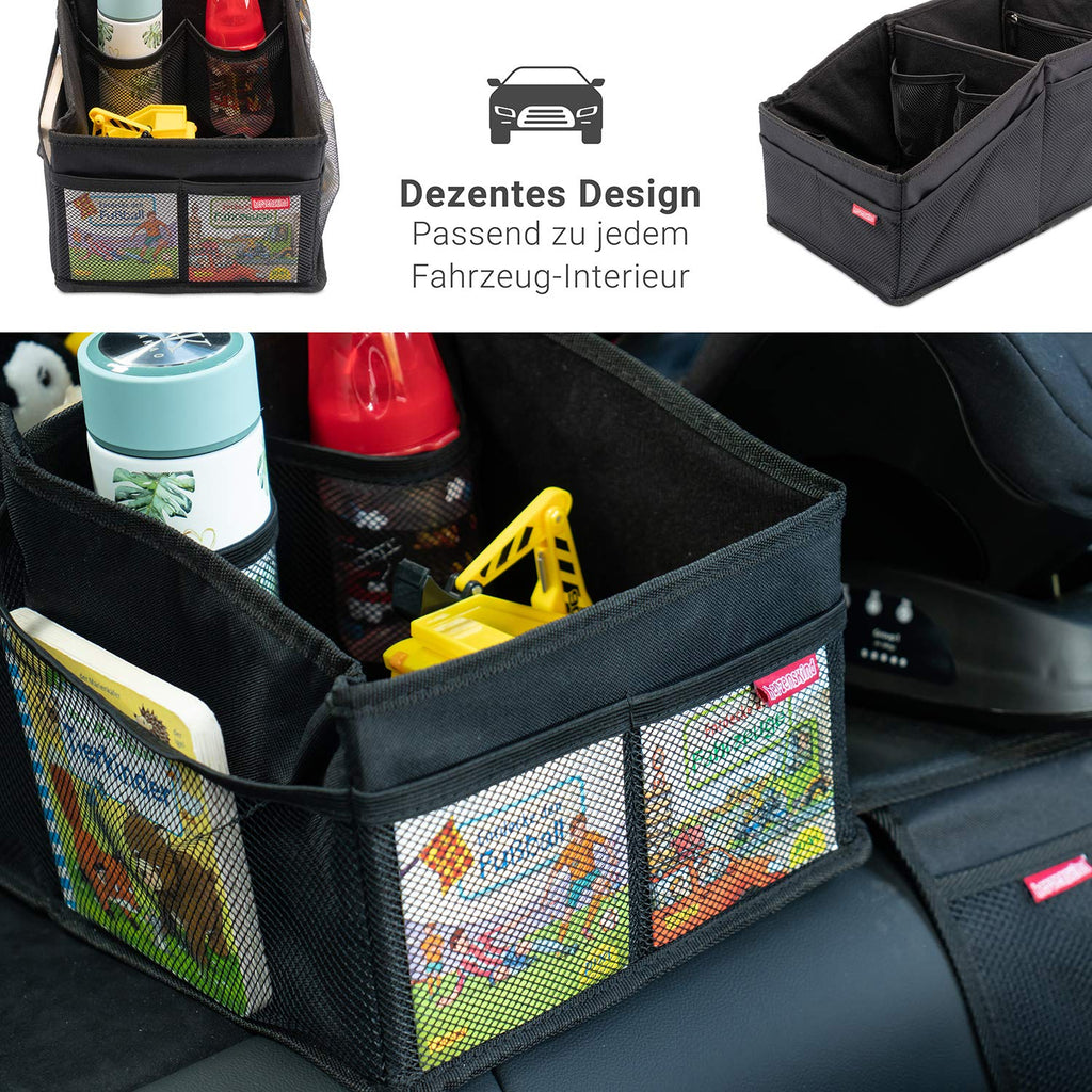 HerzensKind Auto Organizer - die praktische Faltbox für den Rücksitz oder Kofferraum. Rücksitz Organizer zum Verstauen von Windeln Spielzeug etc. neben dem Kindersitz
