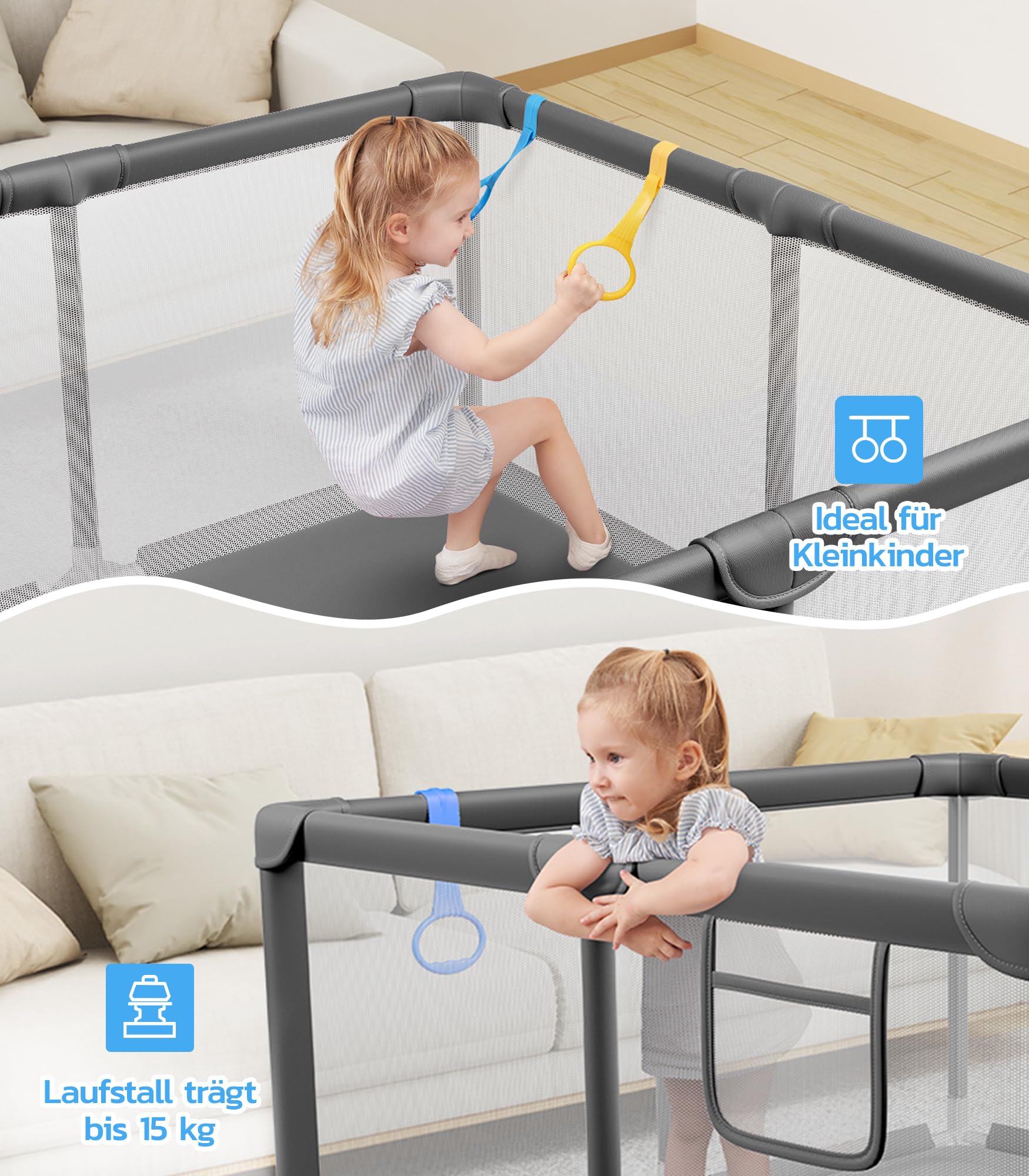 Dripex Laufstall Baby 124x124cm, Laufgitter Baby, Laufstall mit atmungsaktivem Netz, Laufgitter 210D Oxford Gewebe, Playpen, kinderlaufstall, Dunkelgrau