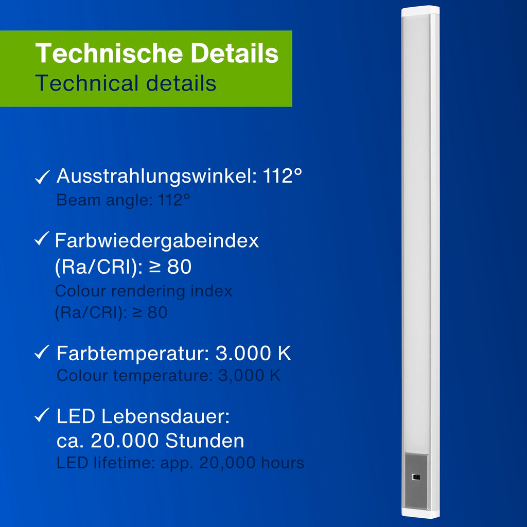 REV Unterbauleuchte Küche LED - Aluminium Schrankbeleuchtung 90cm, 10W, 850 Lumen, 3000K, Küchenbeleuchtung flach mit Sensor, einfache Montage, silber