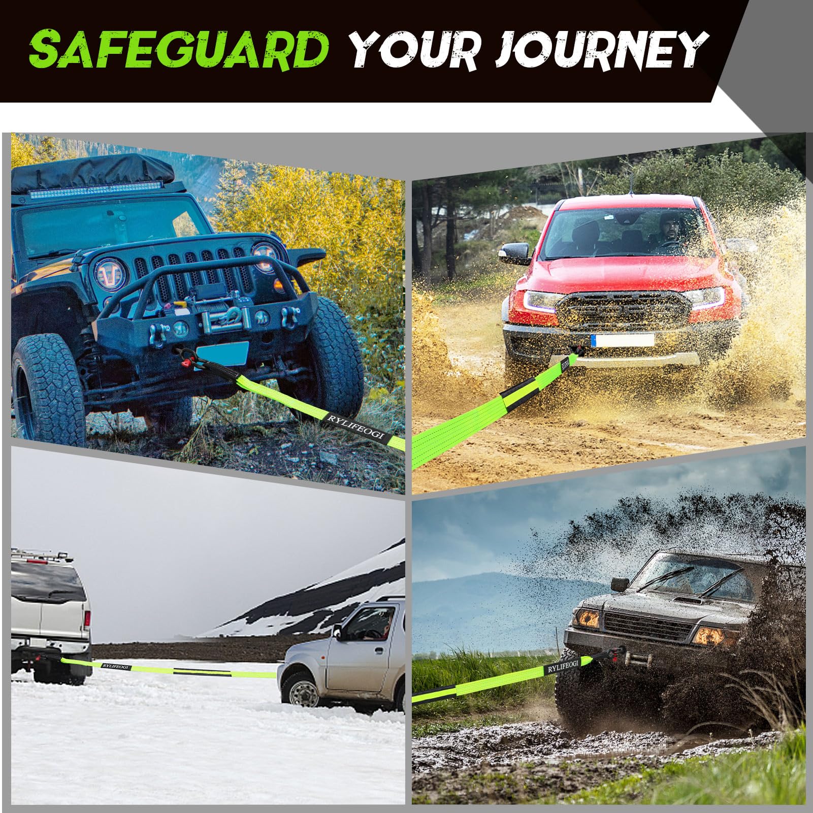 RYLIFEOGI Abschleppseil 10 Tonnen (22,000Lbs), 5mx5cm Heavy Duty Tow Strap mit 2 Verstärkten Haken 2 Handschuhen für Off-Road Fahrzeuge (Grün)