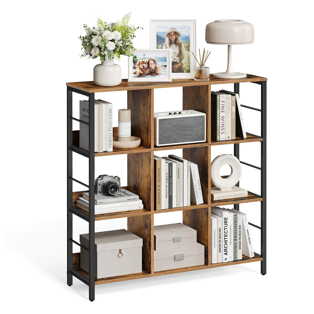 VASAGLE Regal mit 3 Ebenen, Bücherregal, Standregal mit 9 Fächern, für Wohnzimmer, Schlafzimmer, Arbeitszimmer, Küche, 30 x 100 x 103,1 cm, vintagebraun-tintenschwarz LLS112B01