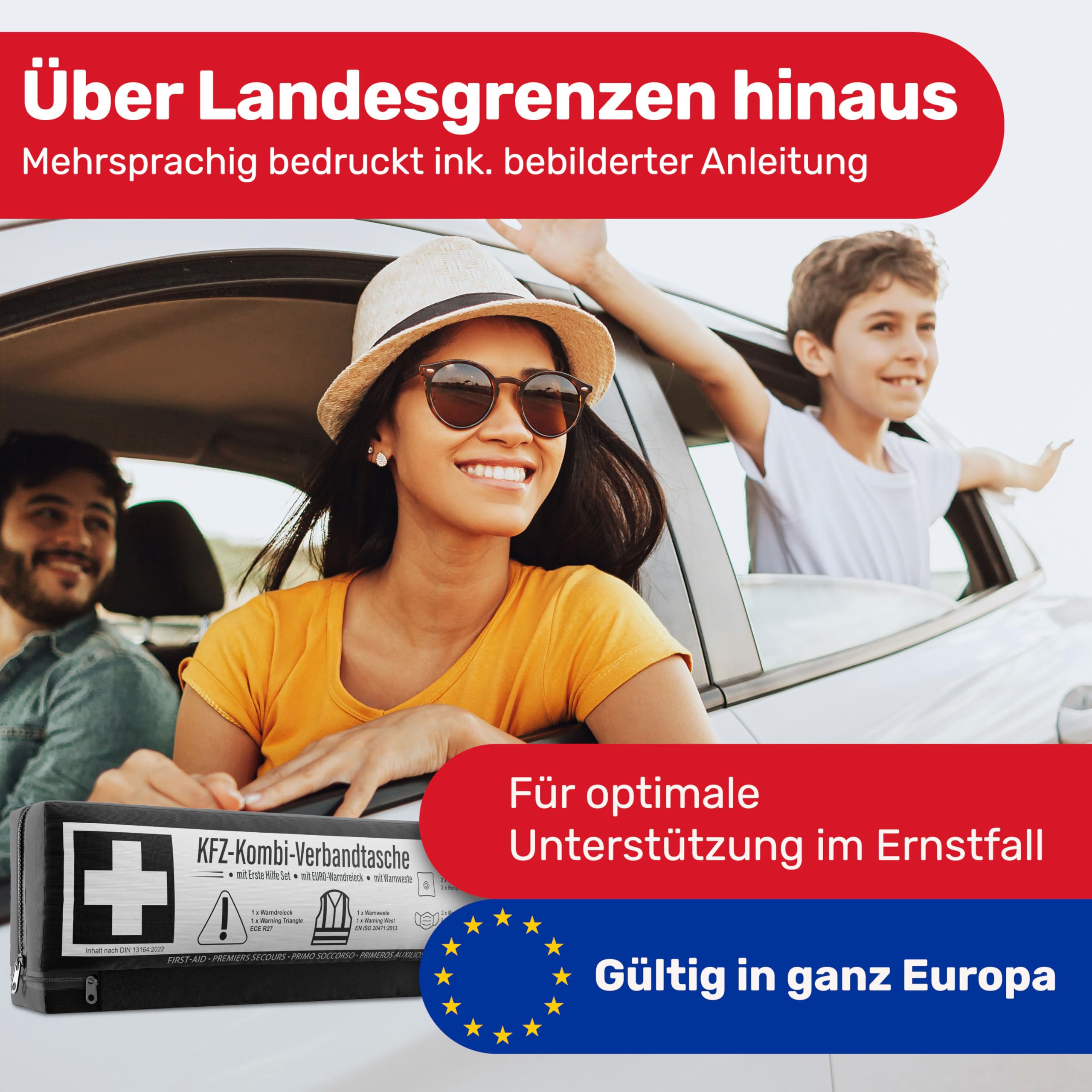 KFZ Kombitasche (3 in 1) nach aktueller Norm 2026 - Inkl. Warndreieck, Warnweste - Verbandskasten Warndreieck Set Verbandskasten Auto DIN 13164:2022 (StVO konform)