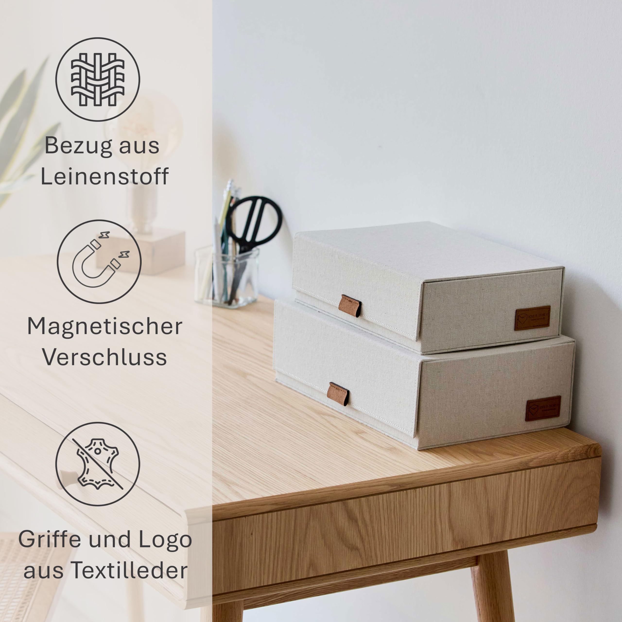 LOVE IT STORE IT - Premium - 2 Stück Aufbewahrungsboxen mit Deckel - Leinen Stoff - Magnetischer Verschluss- Klappdeckel - beige - 28x20x8,5 cm & 32x22x10,5 cm