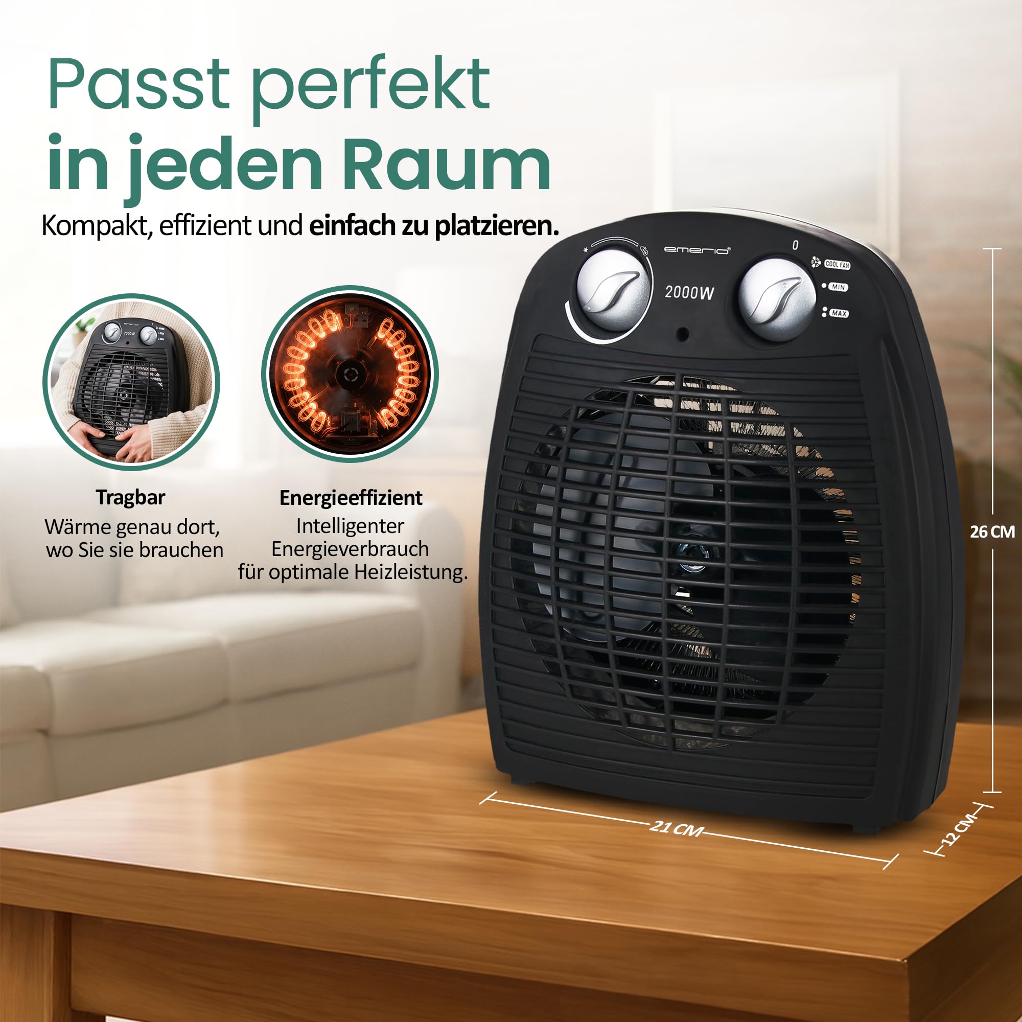 Emerio FH-106737.2, Note 1.5, kleiner kompakter portabler Heizlüfter für 25 m², 2 Heizleistungen + Ventilatorfunktion, verstellbarer Thermostat, Sicherheitsschalter, Handgriff, 2000 Watt, Anthrazit