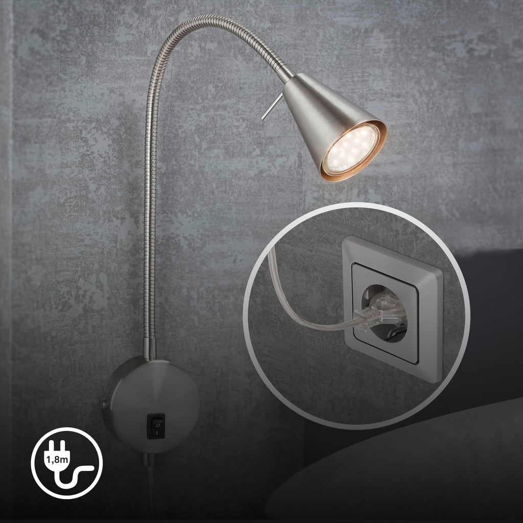 BRILONER - LED Bettlampe, Bettleuchte Flexarm, inkl. An-/Ausschalter, schwenkbar, 4,7 Watt, 350 Lumen, Schlafzimmerlampe, Büroleuchte, warmweiße Lichtfarbe, Metall, 45x20,5 cm, Matt-nickel