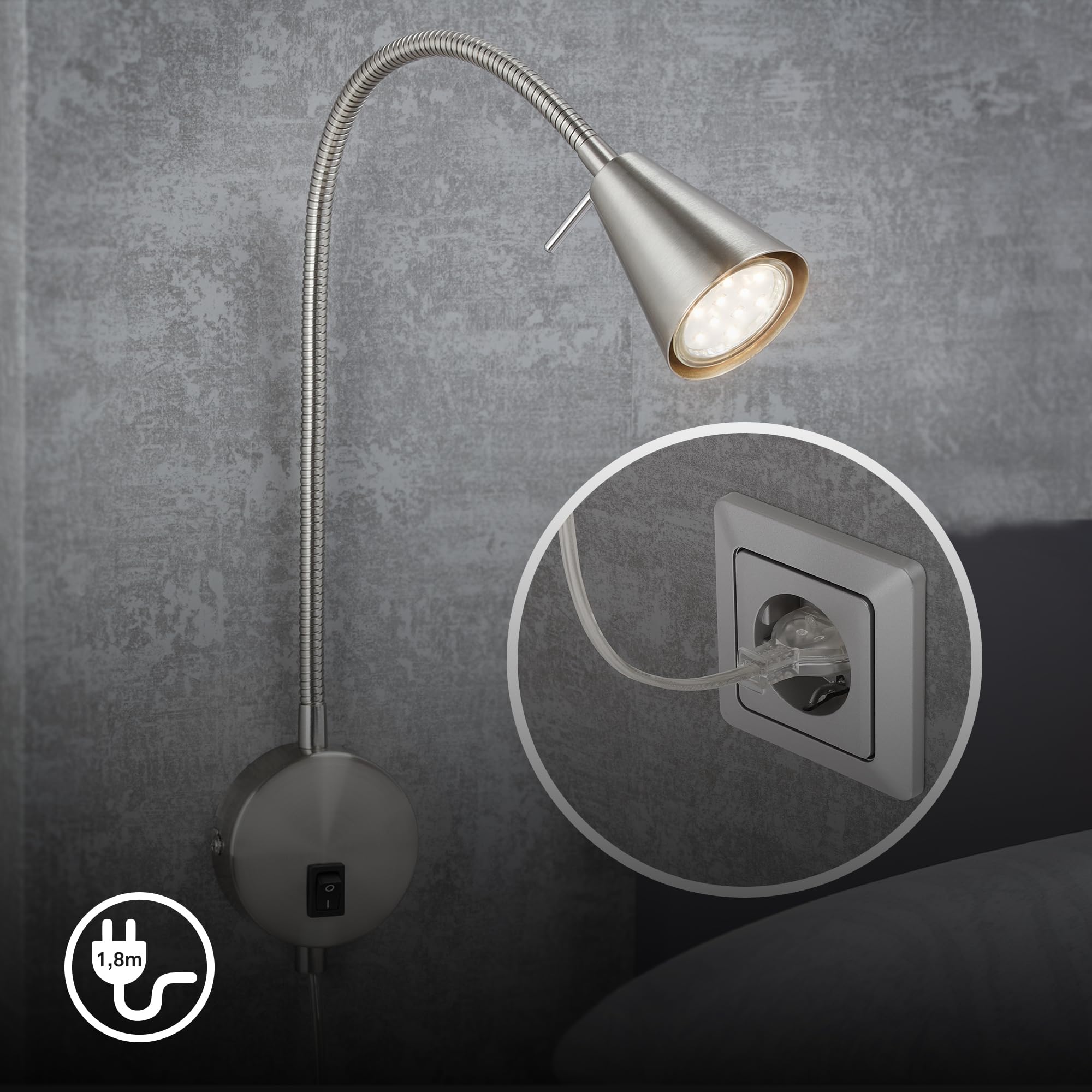 BRILONER - LED Bettlampe, Bettleuchte Flexarm, inkl. An-/Ausschalter, schwenkbar, 4,7 Watt, 350 Lumen, Schlafzimmerlampe, Büroleuchte, warmweiße Lichtfarbe, Metall, 45x20,5 cm, Matt-nickel