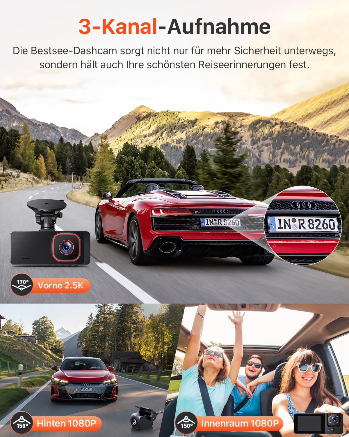 Bestsee 2.5K Dashcam Auto Vorne Hinten und Innen, 2,35" IPS-Bildschirm Dashcam Auto, mit 64GB SD-Karte, 24H Parküberwachung, WDR Nachtsicht, G-Sensor, Loop-Aufnahme, Sichtwinkel（170°+150°+150°）