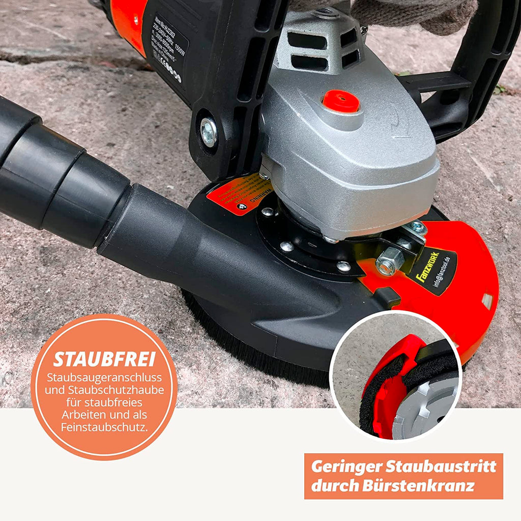 FANZWORK Betonschleifer Betonfräse Sanierungsfräse Set mit Diamantschleiftopf und Absaughaube, mit Drehzahlregelung (1500W/125mm+)