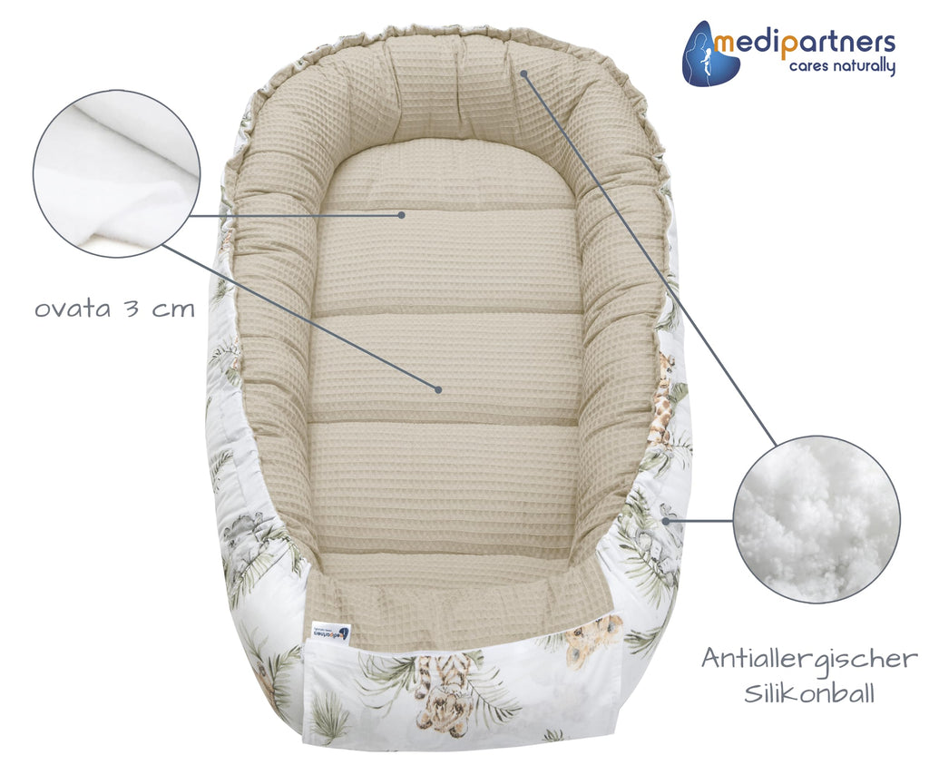 Medi Partners Babynest Nestchen für Neugeborene - 100x60x15 Babynestchen Baby zweiseitg Nest Bett 100% Baumwolle Waffel Kuschelnest tragbar (‎Safari mit beige Waffel)