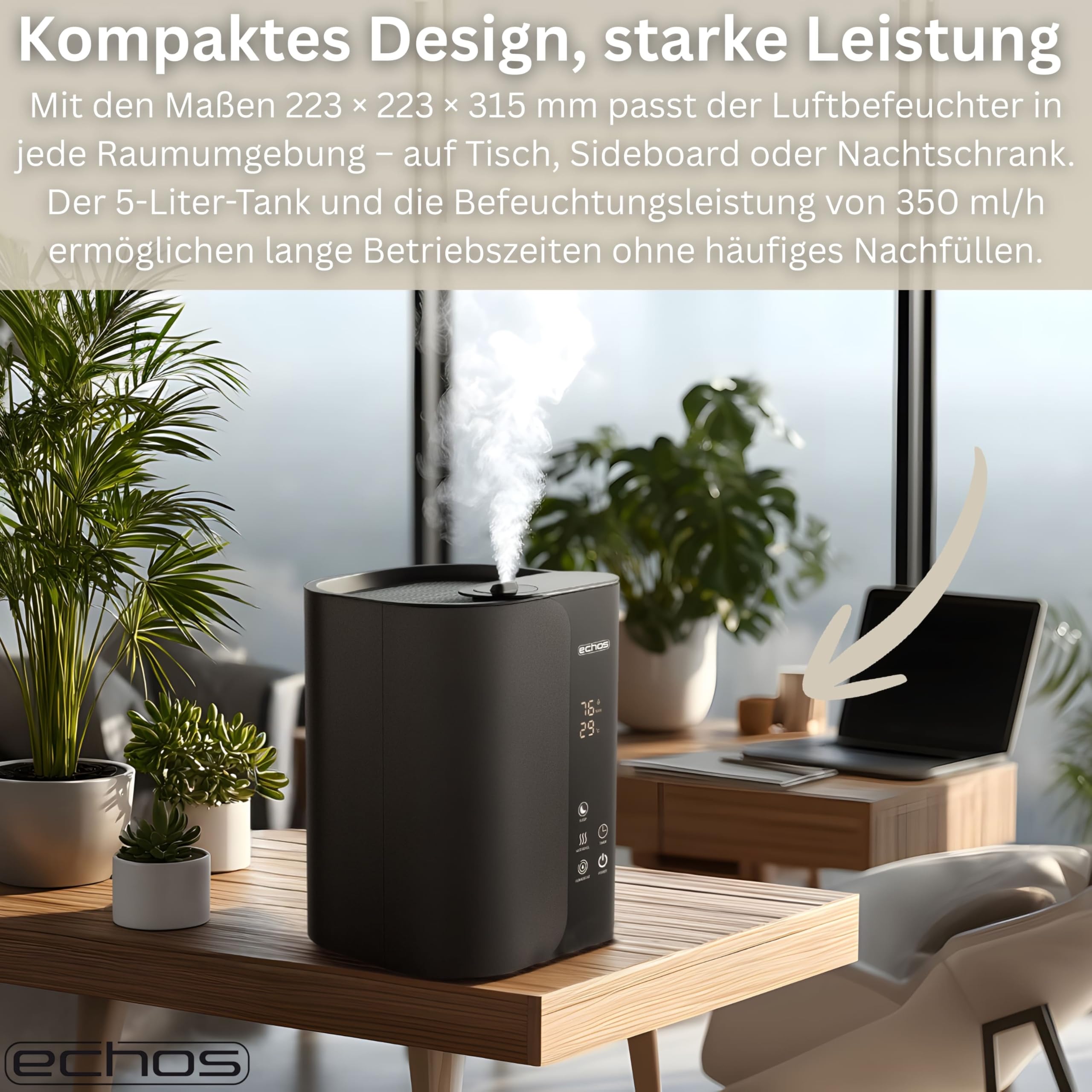 Steinborg® Luftbefeuchter 5 Liter Ultraschall Vernebler mit Fernbedienung Luftreinigungsgerät Luftreiniger Hygrometer LED-Touch-Display ultra leise leistungsstark 350ml/h Öl Aroma Fach Timer Auto-Stop