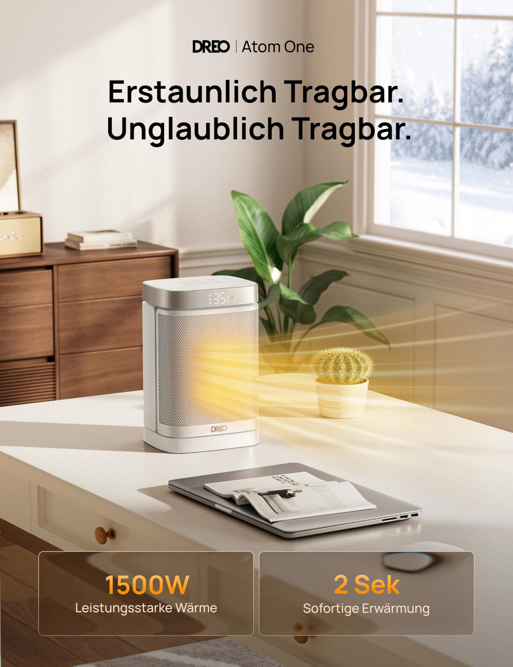 Dreo Heizlüfter Energiesparend Klein, 1500W Heizung Elektrisch mit Thermostat, 70° Oszillierend Elektroheizung, PTC Keramik Heizlüfter Leise, ECO-Modus, 12-Std-Timer, Überhitzungs- & Kippschutz, Weiß