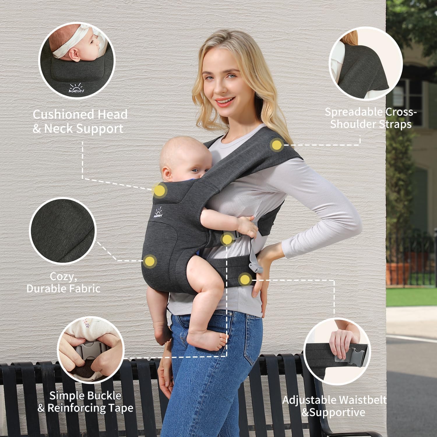 Babytrage für Neugeborene ab Geburt, MOMTORY Komfortabler Hüftsitz für Baby(3-12kg), Ergonomischer Tragetuch Neugeborenes bis Kleinkind mit Klettverschluss, Leicht Verstellbare Hüfttrage - Dunkelgrau
