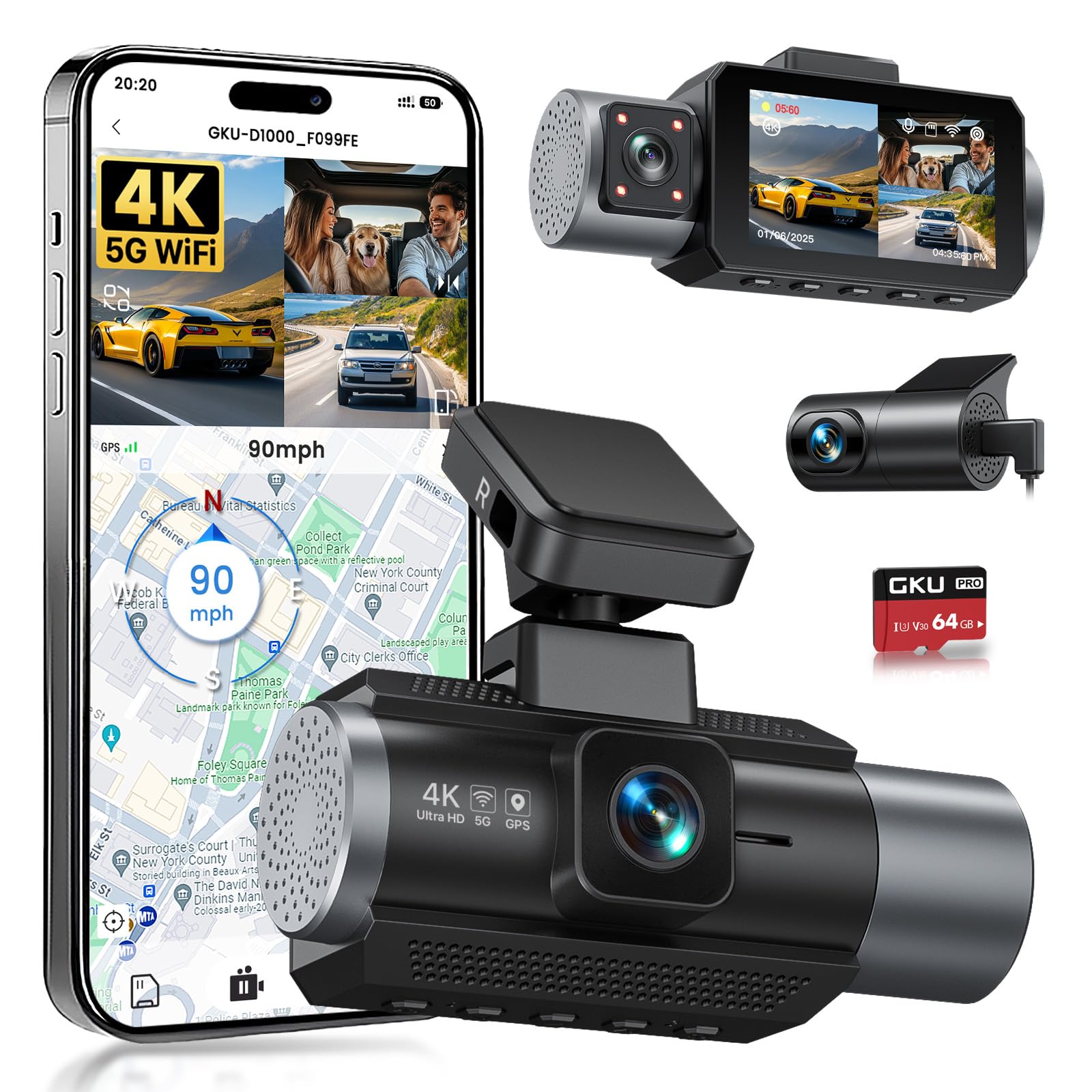 GKU 3-Kanal-Dashcam, 4K+1080P+1080P Dashcam Auto Vorne Innen Hinten mit 64GB SD Karte, GPS 5GHz WiFi, 3" IPS-Bildschirm, Super Nachtsicht,WDR,G-Sensor,Loop-Aufnahme,Parküberwachung,Max512GB