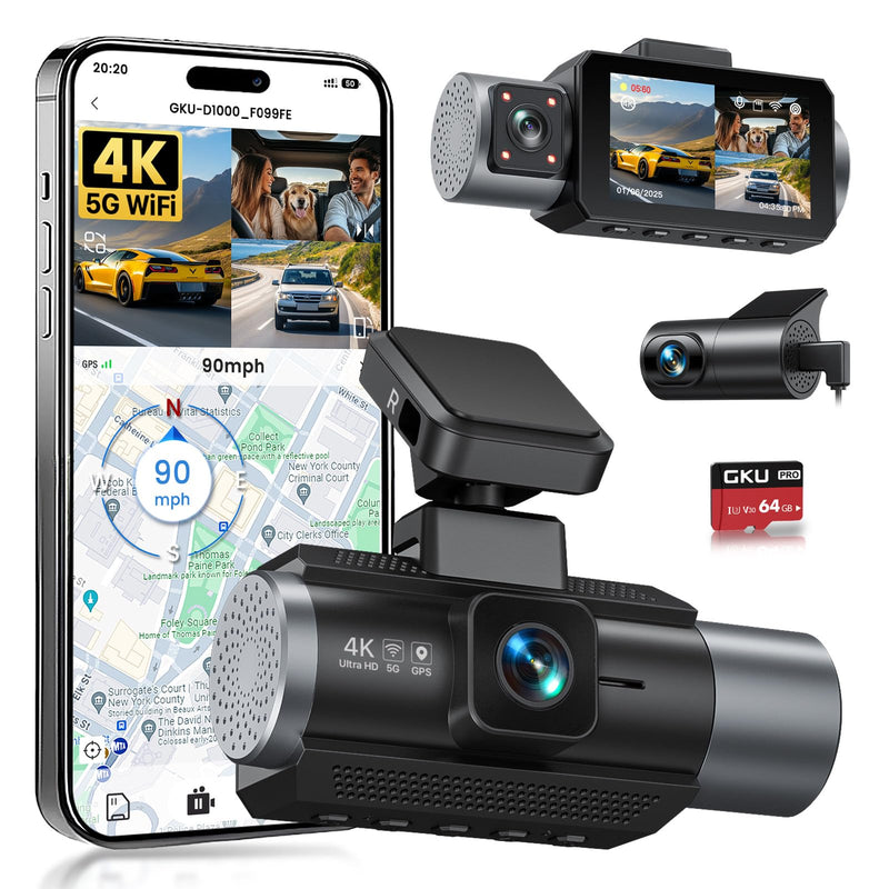 GKU 3-Kanal-Dashcam, 4K+1080P+1080P Dashcam Auto Vorne Innen Hinten mit 64GB SD Karte, GPS 5GHz WiFi, 3" IPS-Bildschirm, Super Nachtsicht,WDR,G-Sensor,Loop-Aufnahme,Parküberwachung,Max512GB