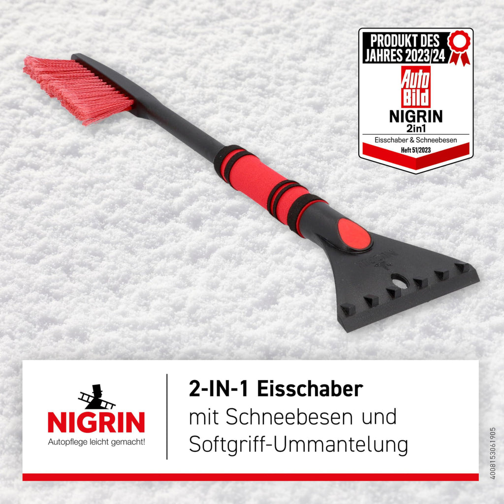 NIGRIN Eiskratzer Auto mit Schneebesen, ergonomischer rutschfester Softgriff, aus hochstabilem ABS, Schwarz-Rot